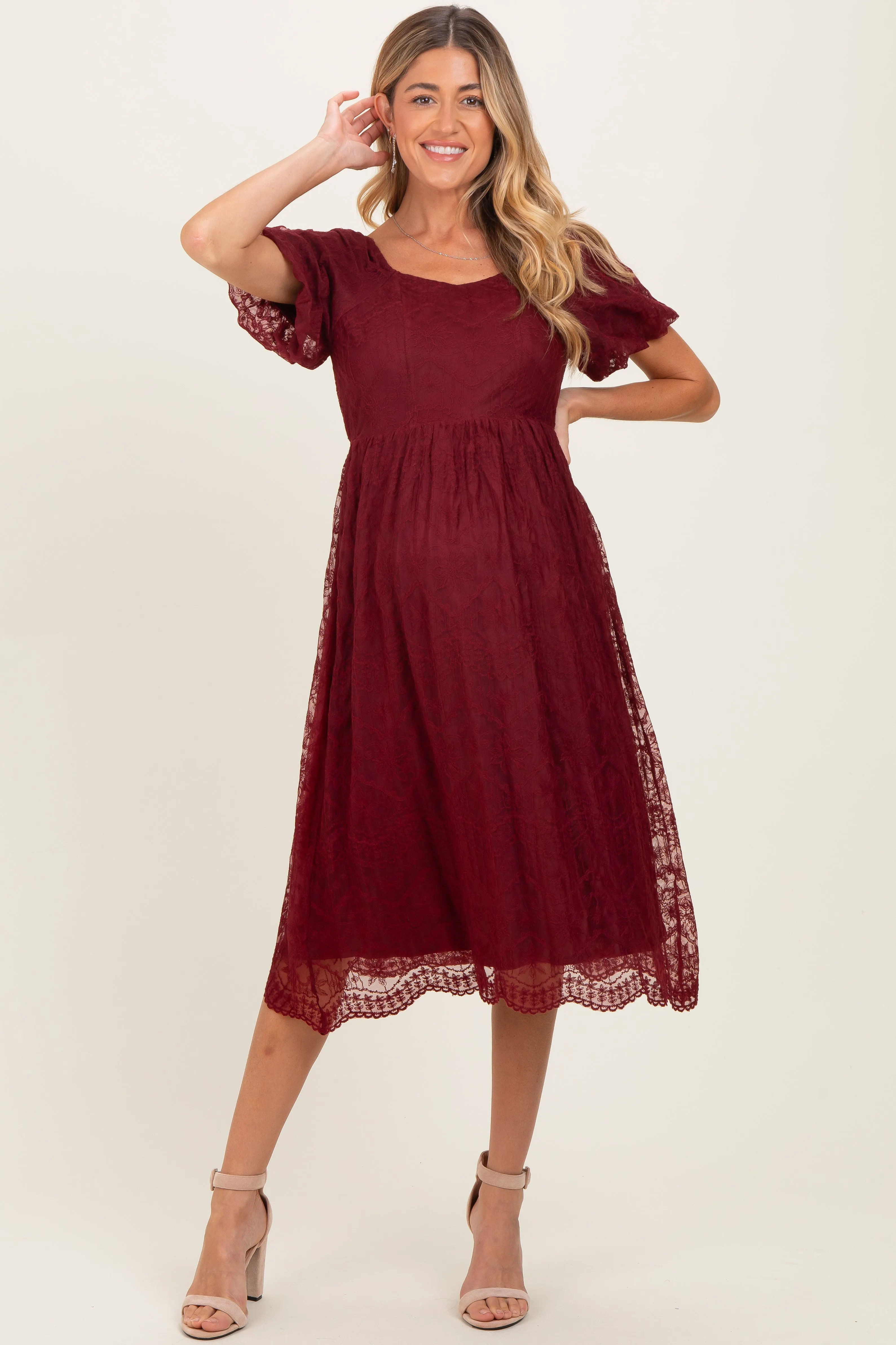 Burgundy Lace Sweetheart Neck Short Sleeve Maternity Midi Dress sold by Pinkblush product image thumbnail 2