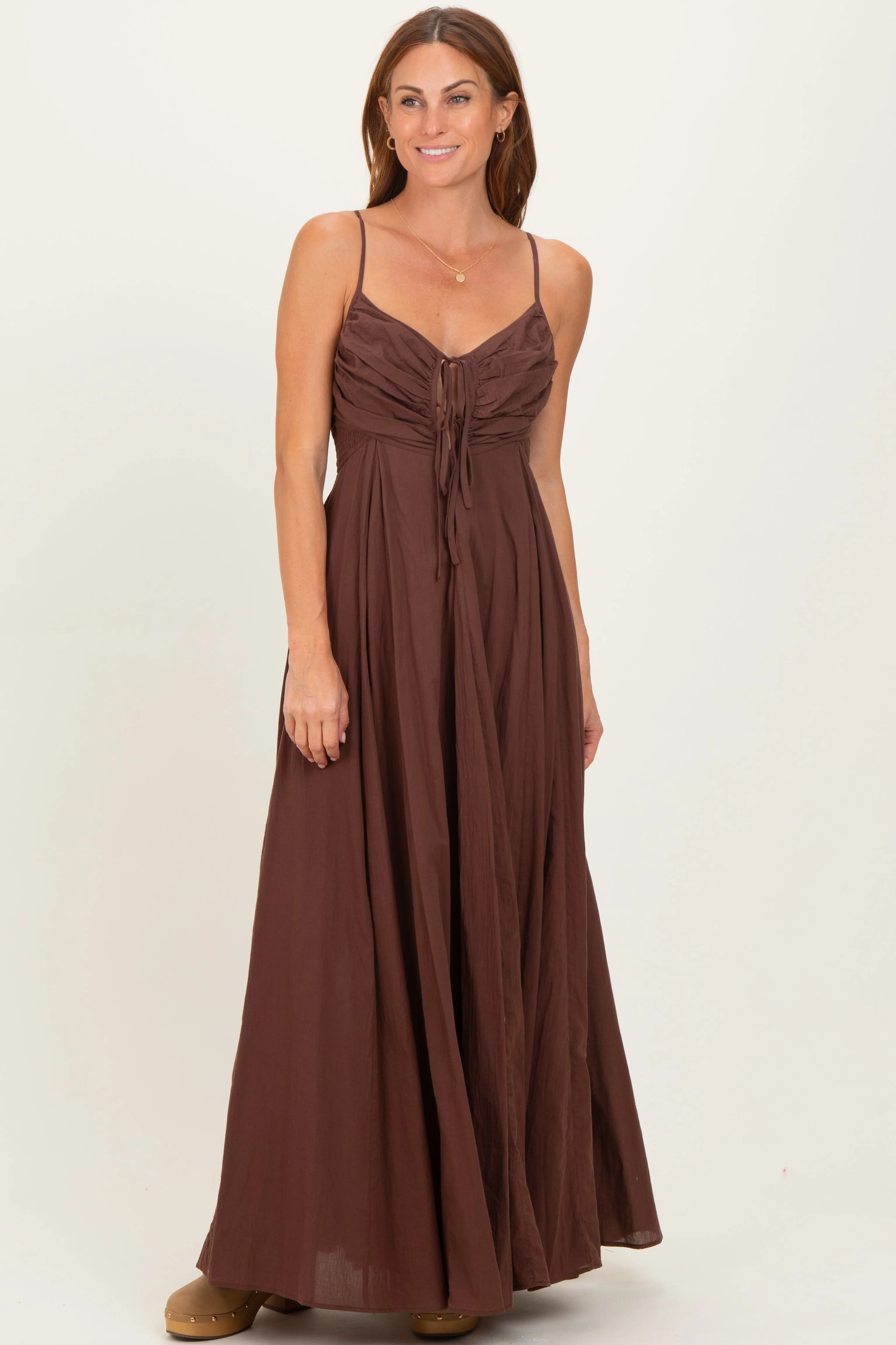 Burgundy Gathered Tie Front Maxi Dress sold by Pinkblush product image thumbnail 2