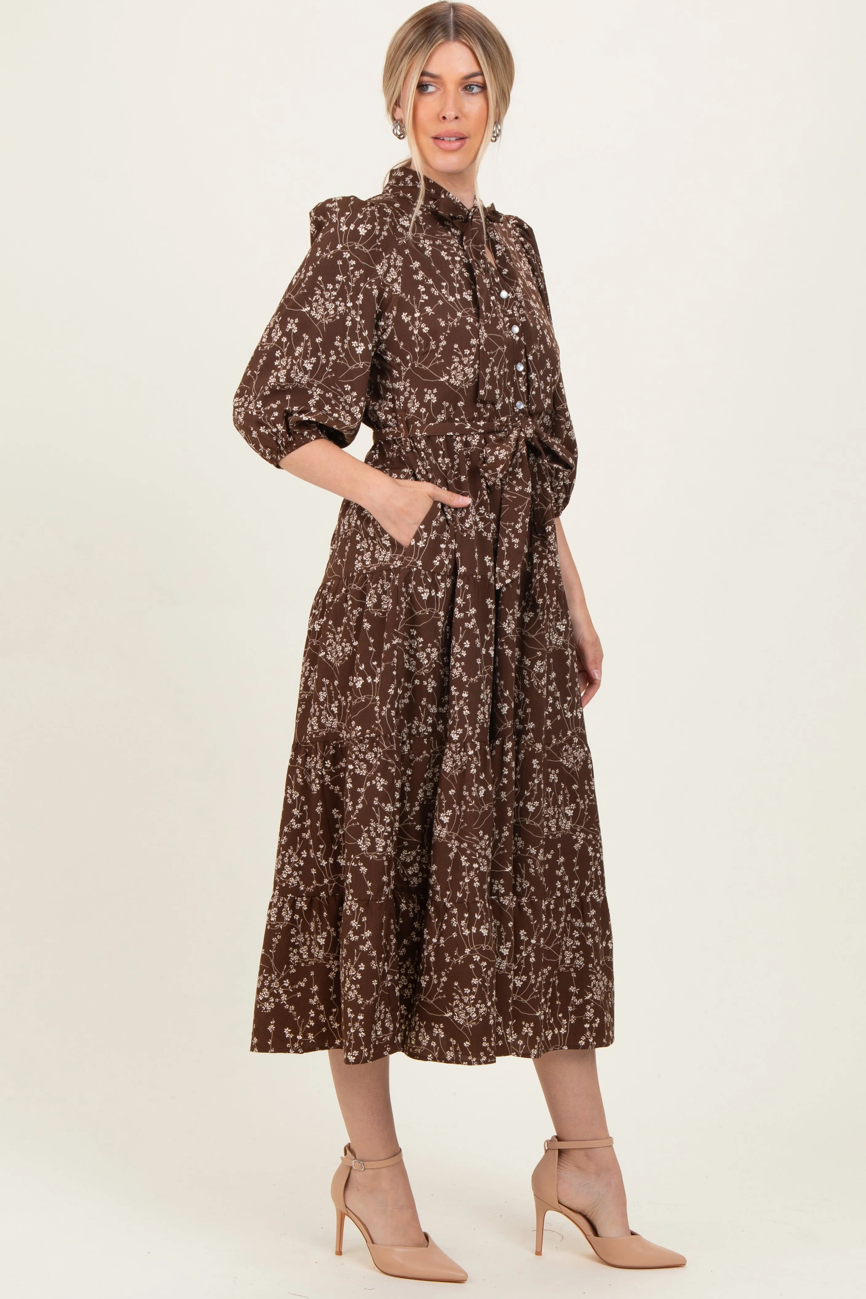 Brown Floral Neck Tie Midi Dress sold by Pinkblush product image thumbnail 2