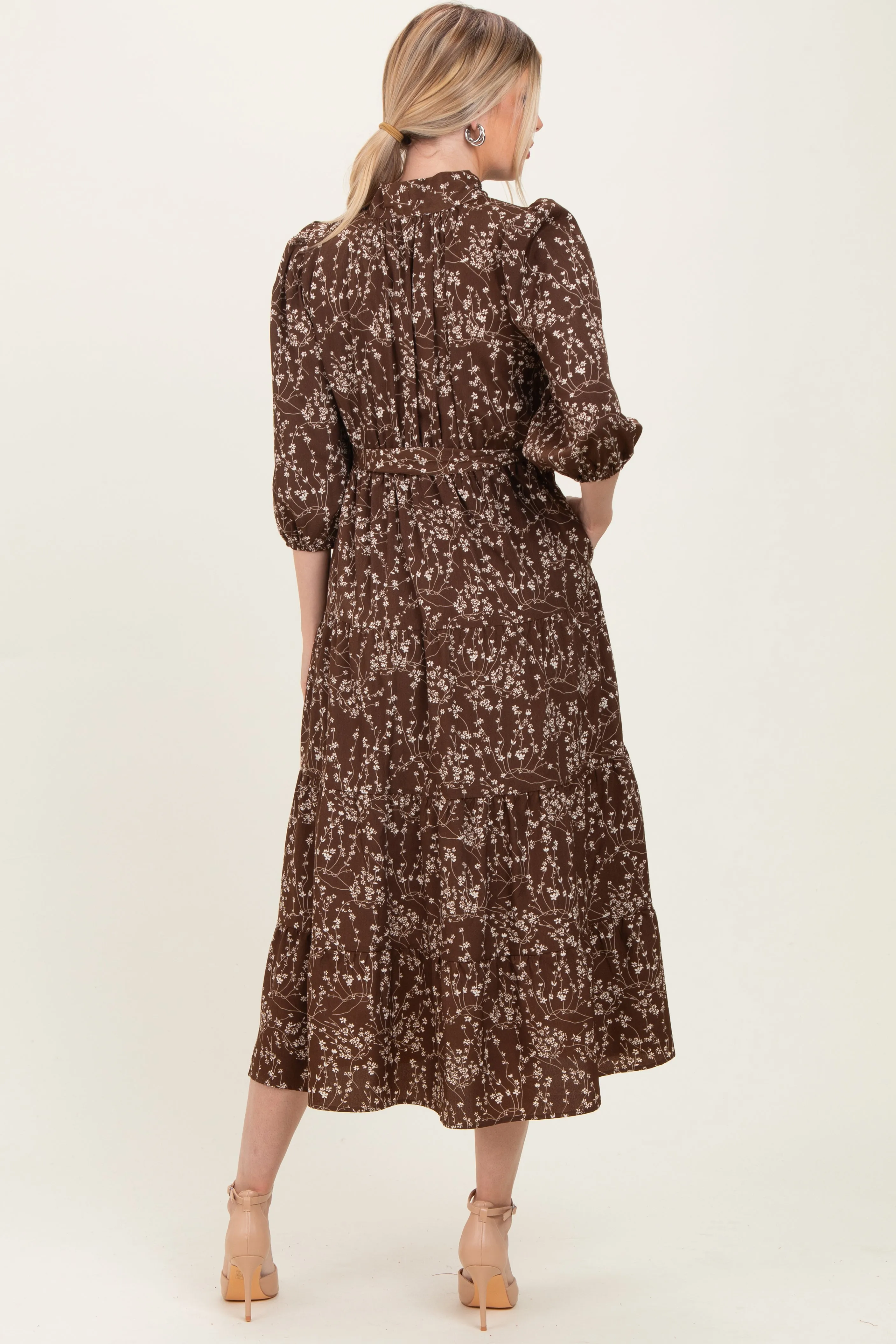 Brown Floral Neck Tie Midi Dress sold by Pinkblush product image thumbnail 3