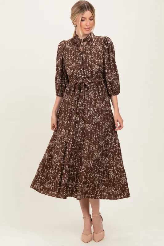 Brown Floral Neck Tie Midi Dress sold by Pinkblush