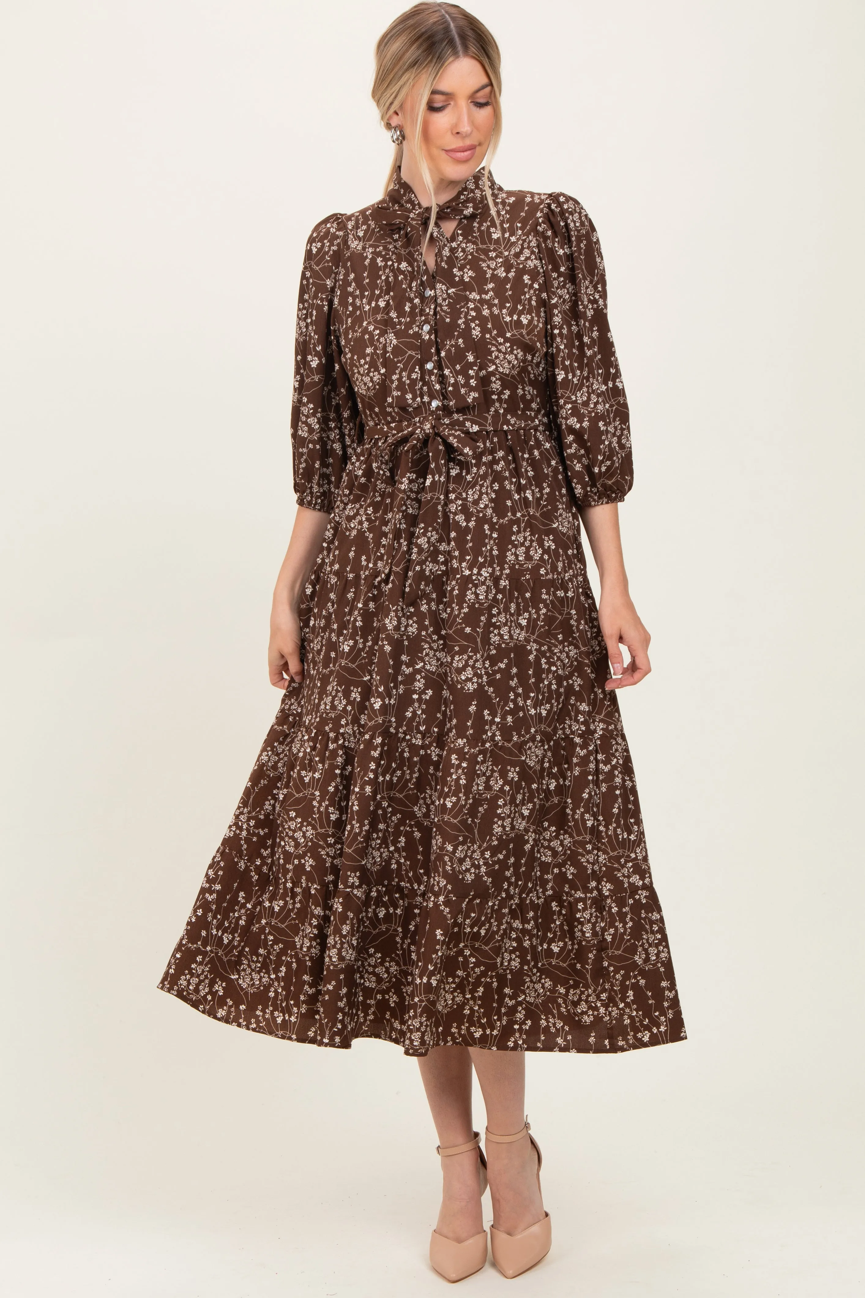 Brown Floral Neck Tie Midi Dress sold by Pinkblush