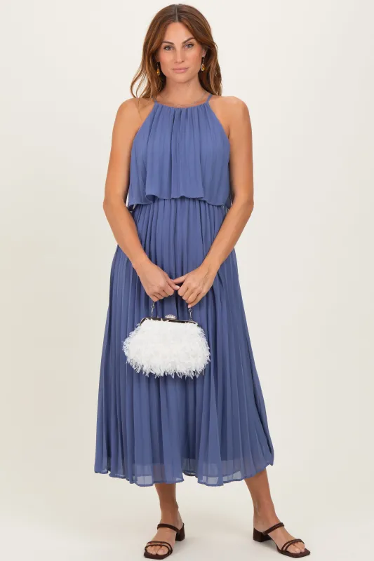 Light Navy Pleated Woven Midi Dress sold by Pinkblush