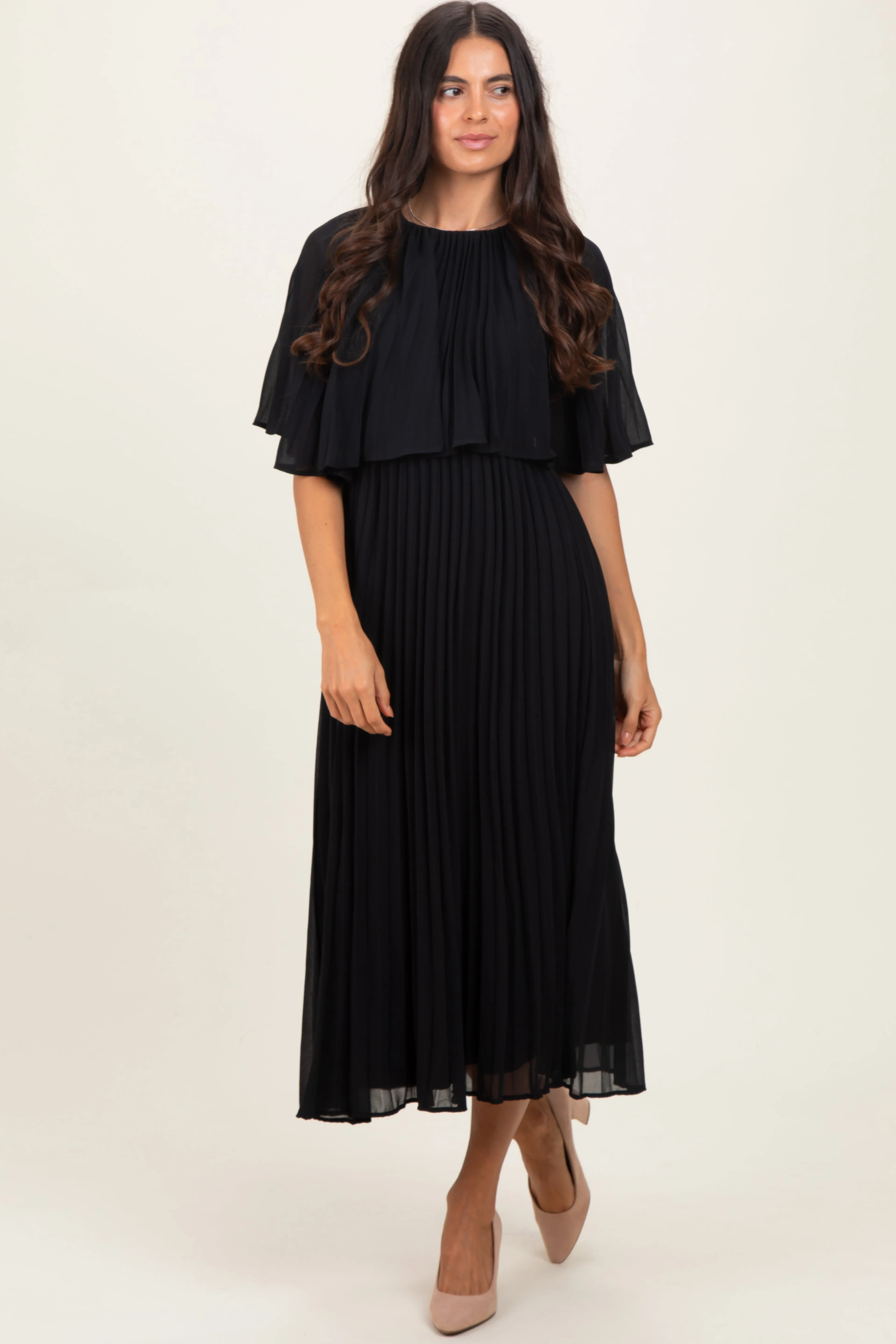 Black Pleated Cape Midi Dress sold by Pinkblush product image thumbnail 2