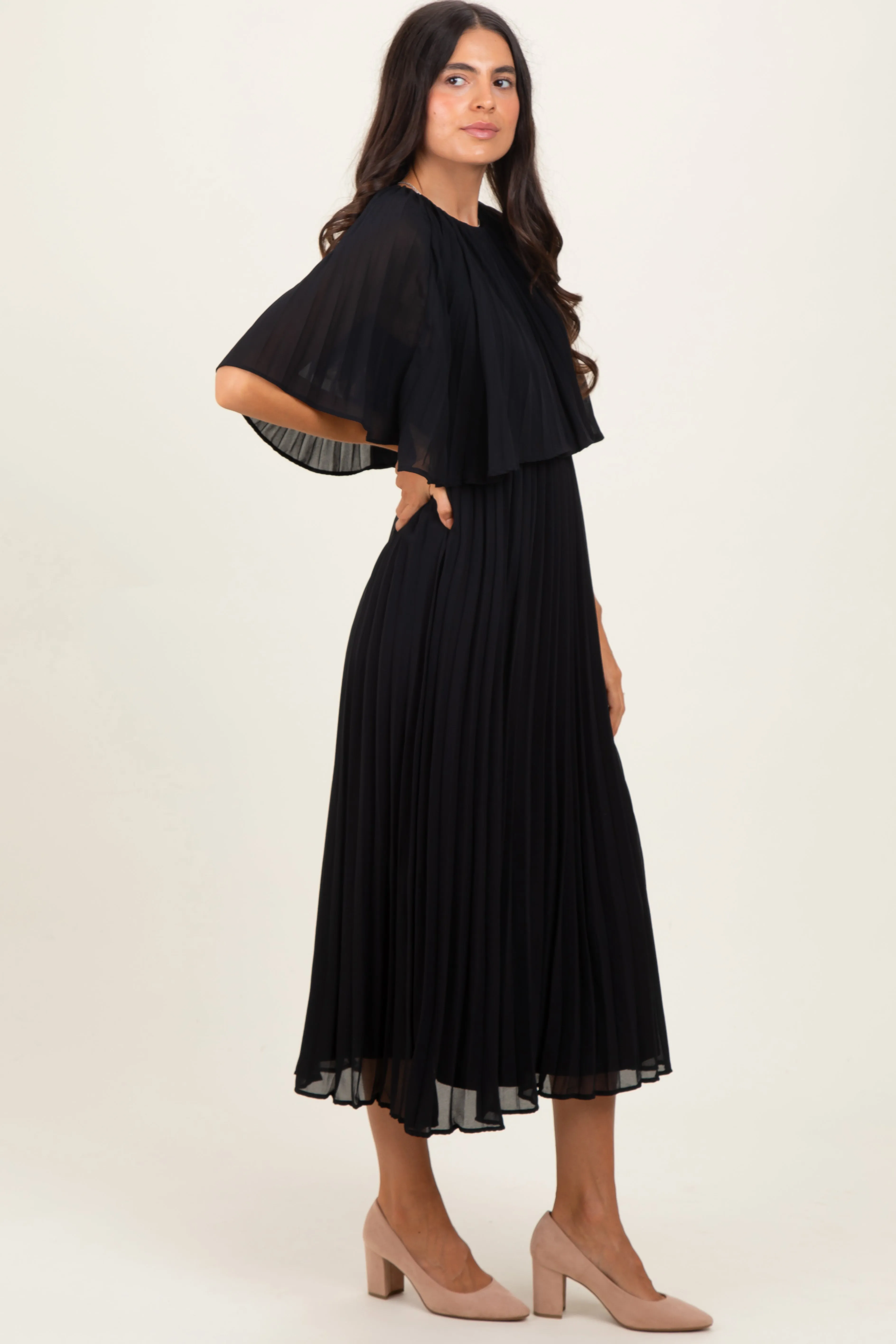Black Pleated Cape Midi Dress sold by Pinkblush product image thumbnail 3