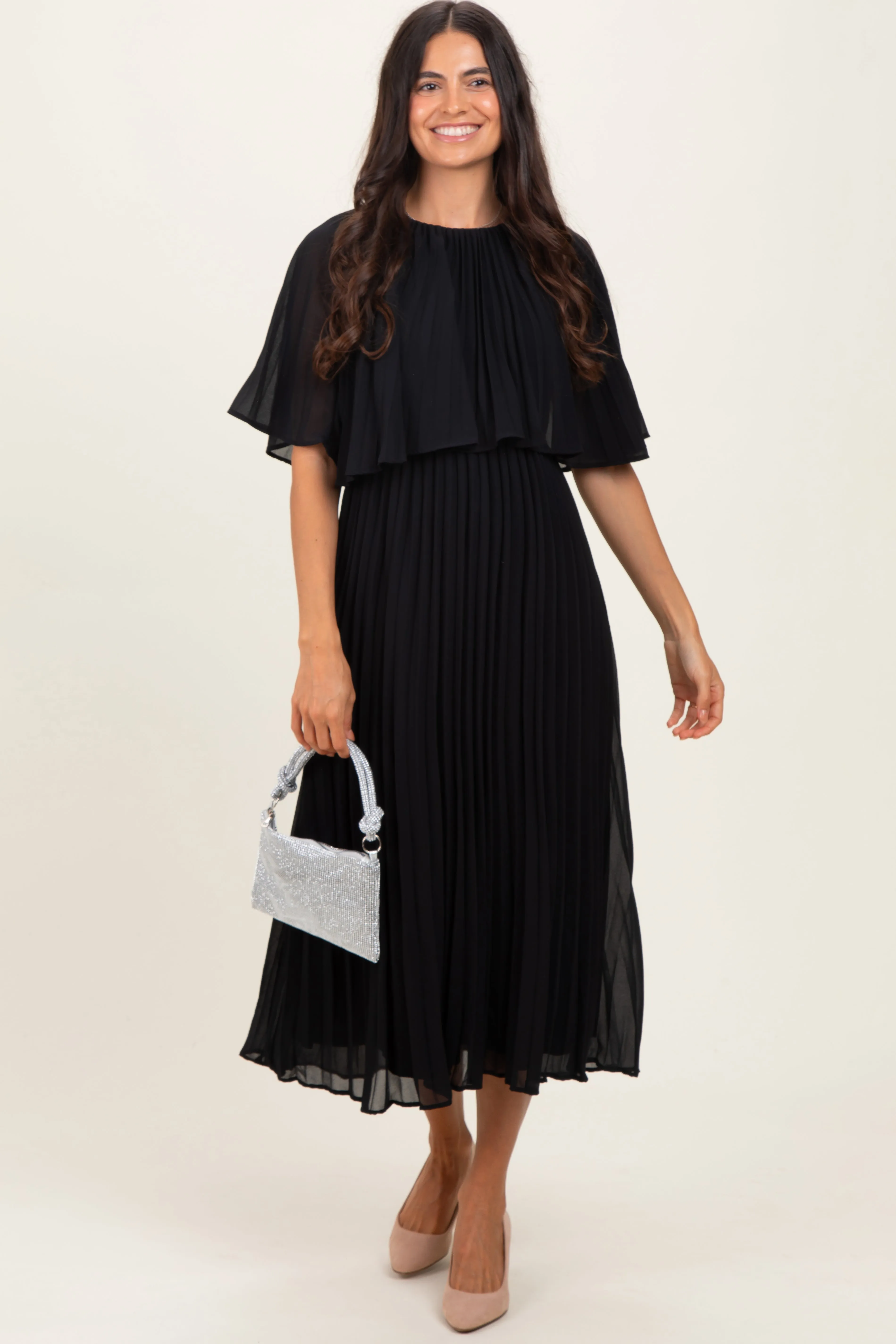 Black Pleated Cape Midi Dress sold by Pinkblush