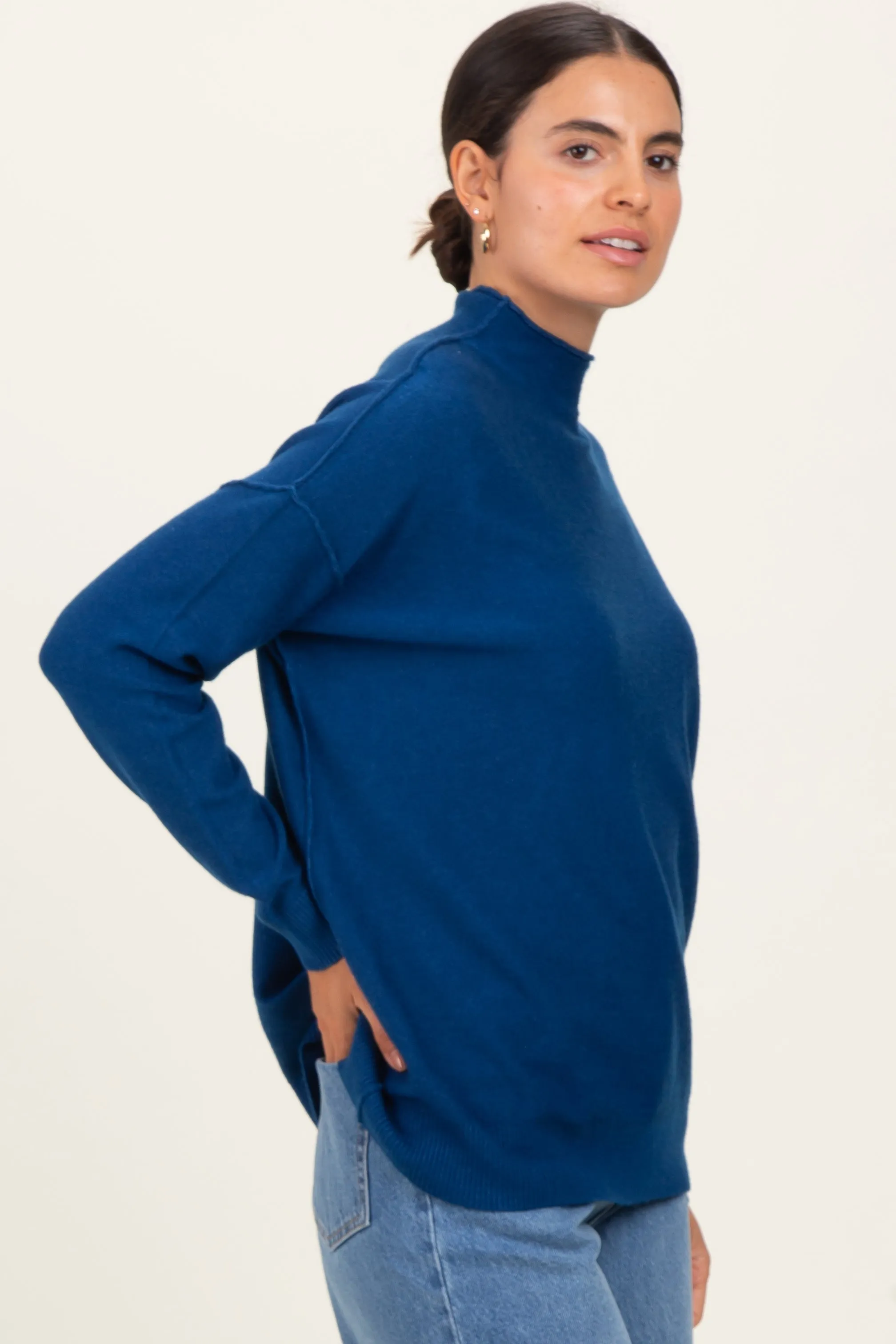 Navy Mock Neck Exposed Seam Sweater sold by Pinkblush product image thumbnail 2