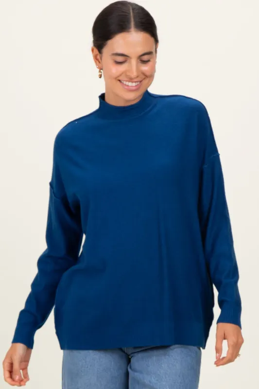 Navy Mock Neck Exposed Seam Sweater sold by Pinkblush