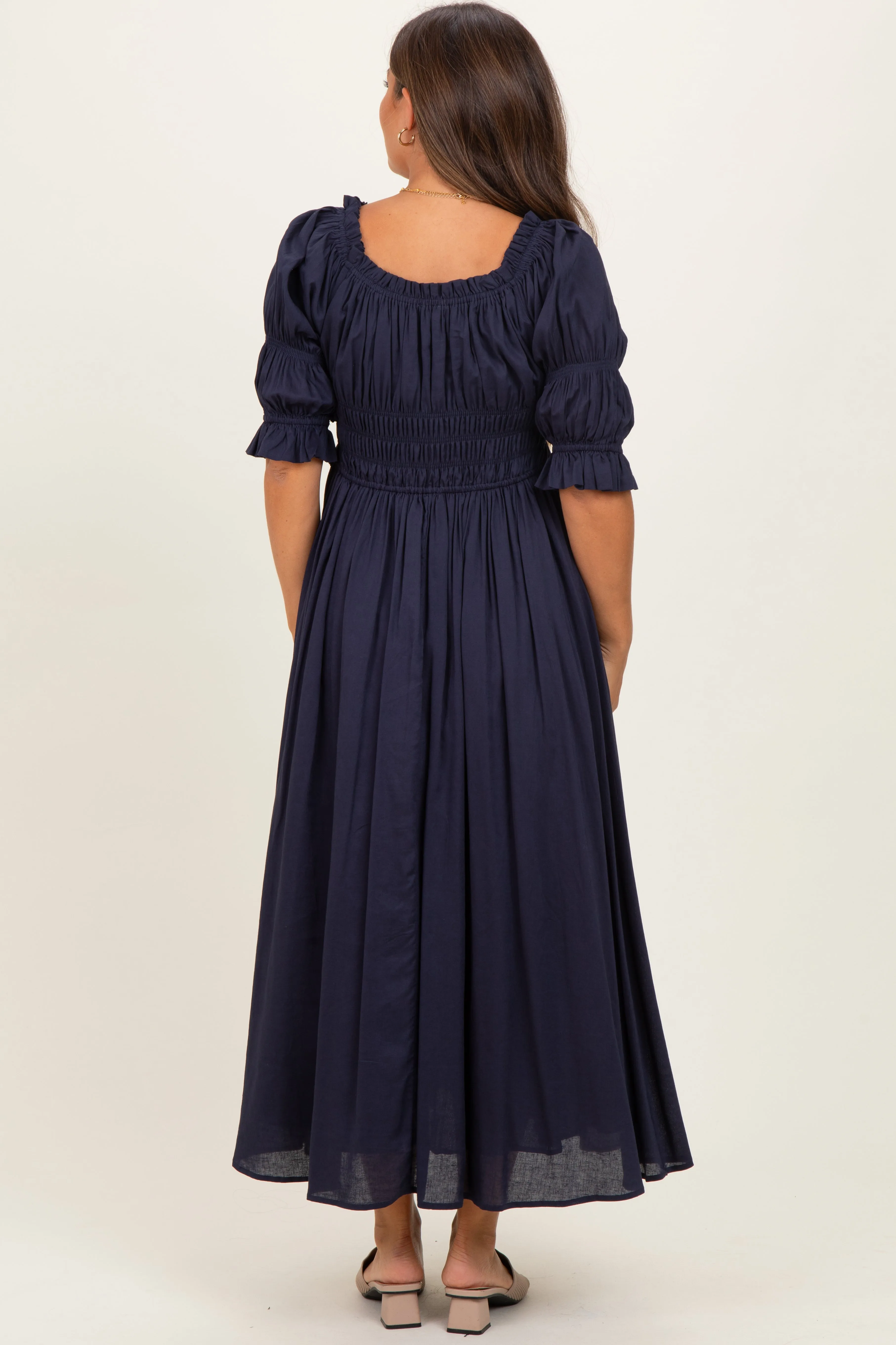Navy Smocked Ruffle Square Neck Maternity Midi Dress sold by Pinkblush product image thumbnail 4