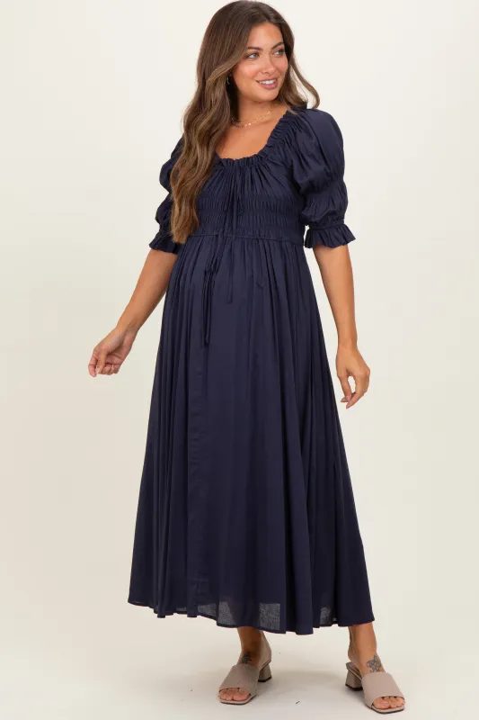 Navy Smocked Ruffle Square Neck Maternity Midi Dress sold by Pinkblush