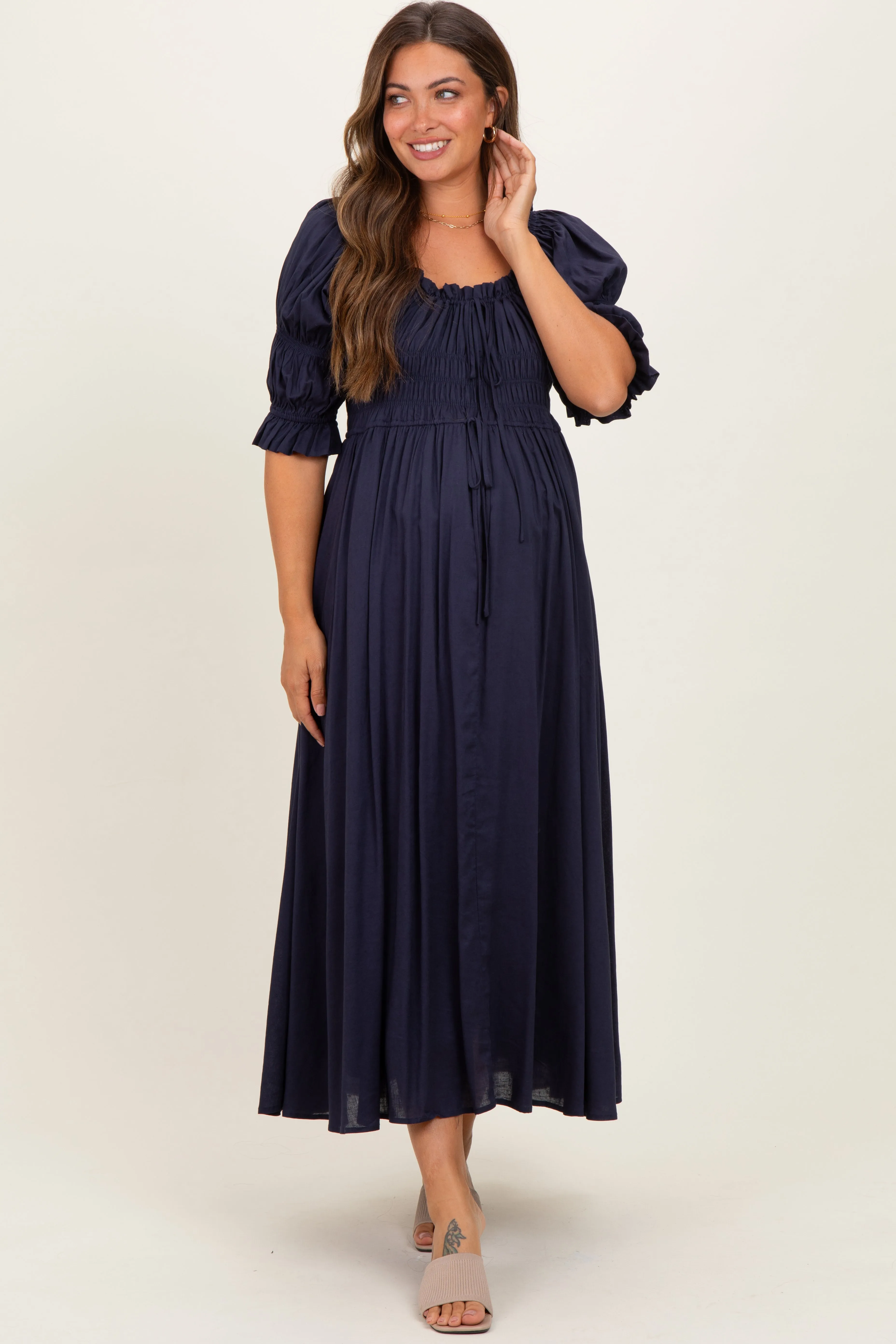 Navy Smocked Ruffle Square Neck Maternity Midi Dress sold by Pinkblush product image thumbnail 2