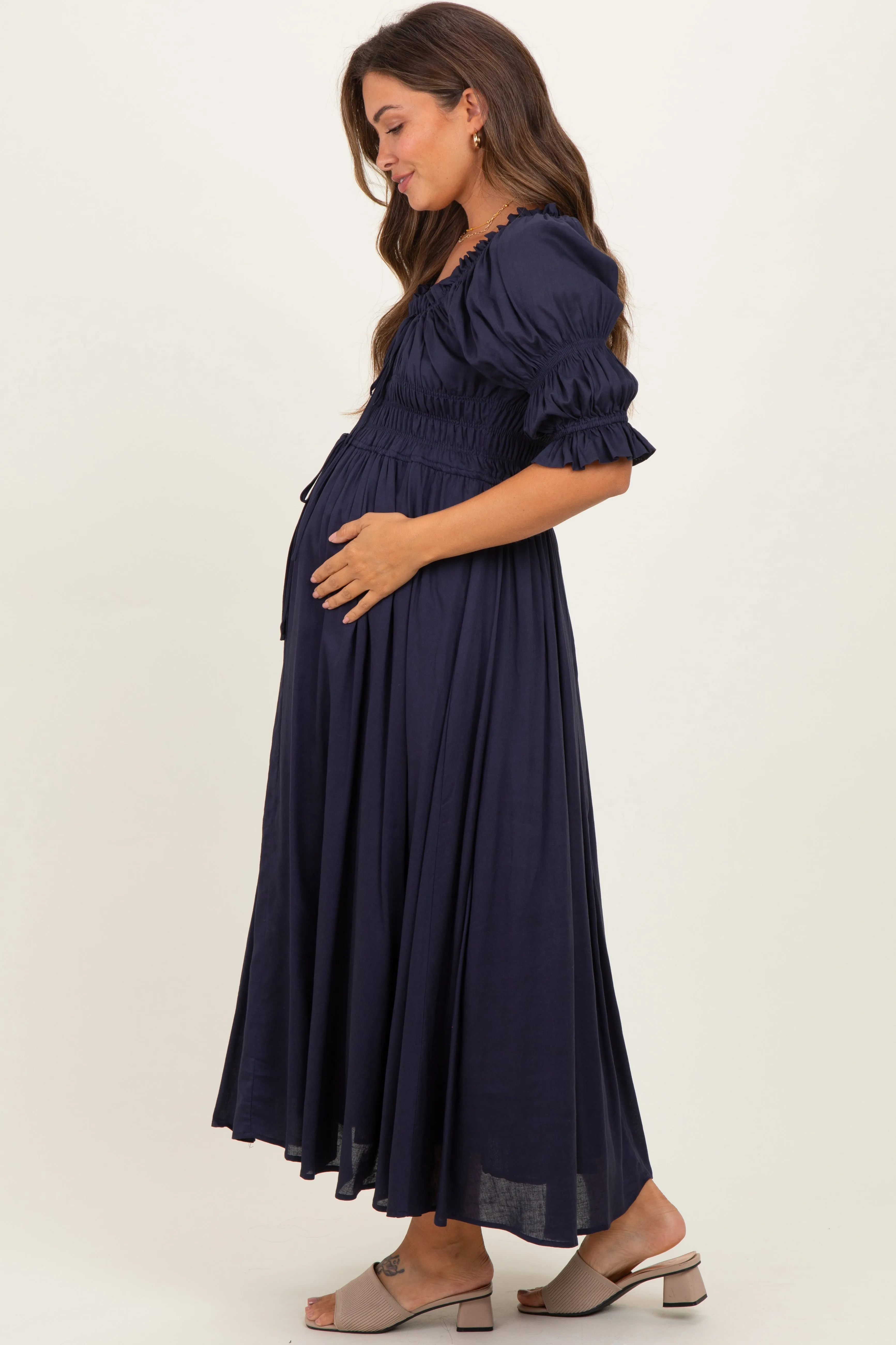 Navy Smocked Ruffle Square Neck Maternity Midi Dress sold by Pinkblush product image thumbnail 3