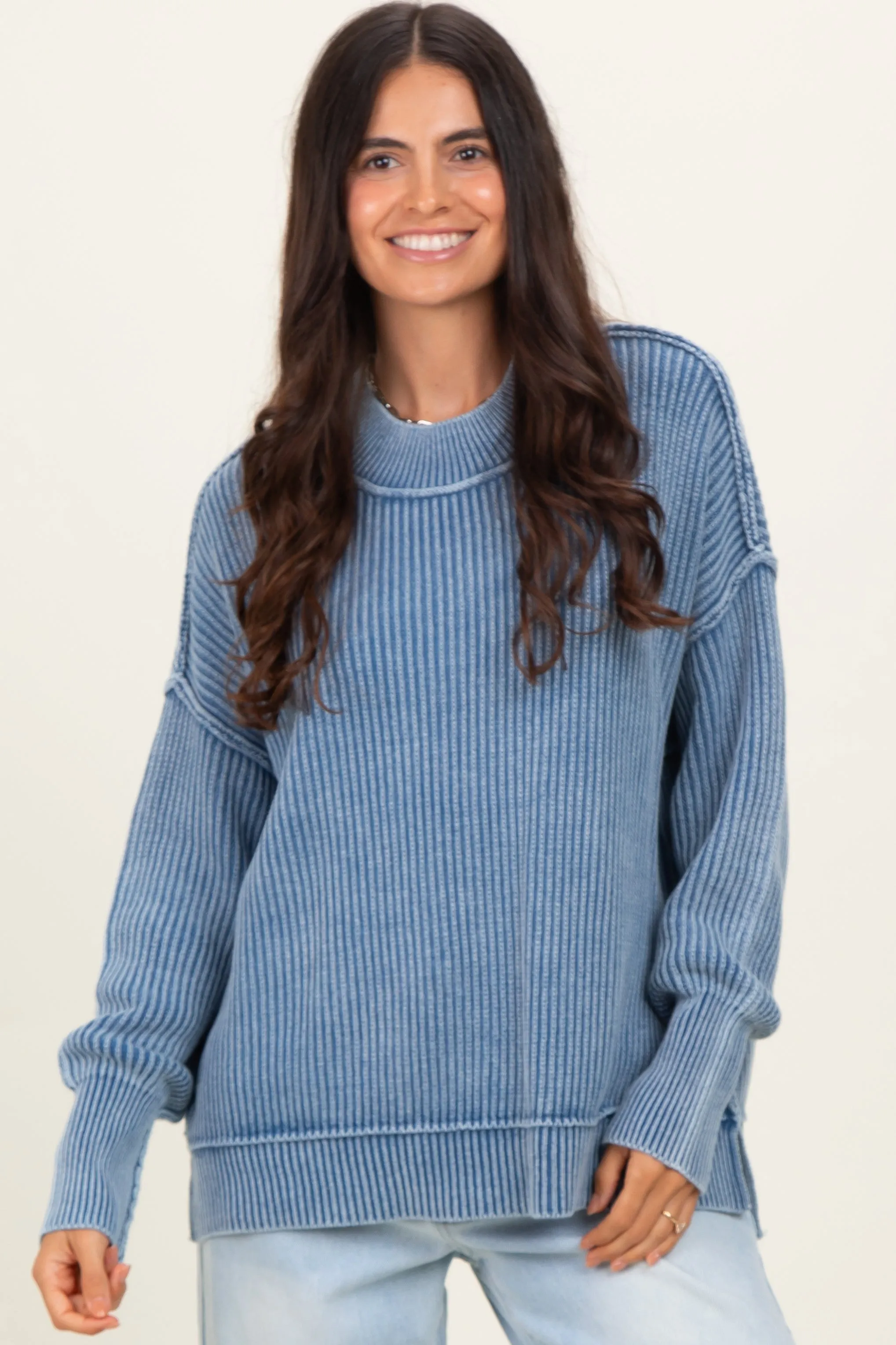 Classic Blue Washed Side Slit Oversized Sweater sold by Pinkblush