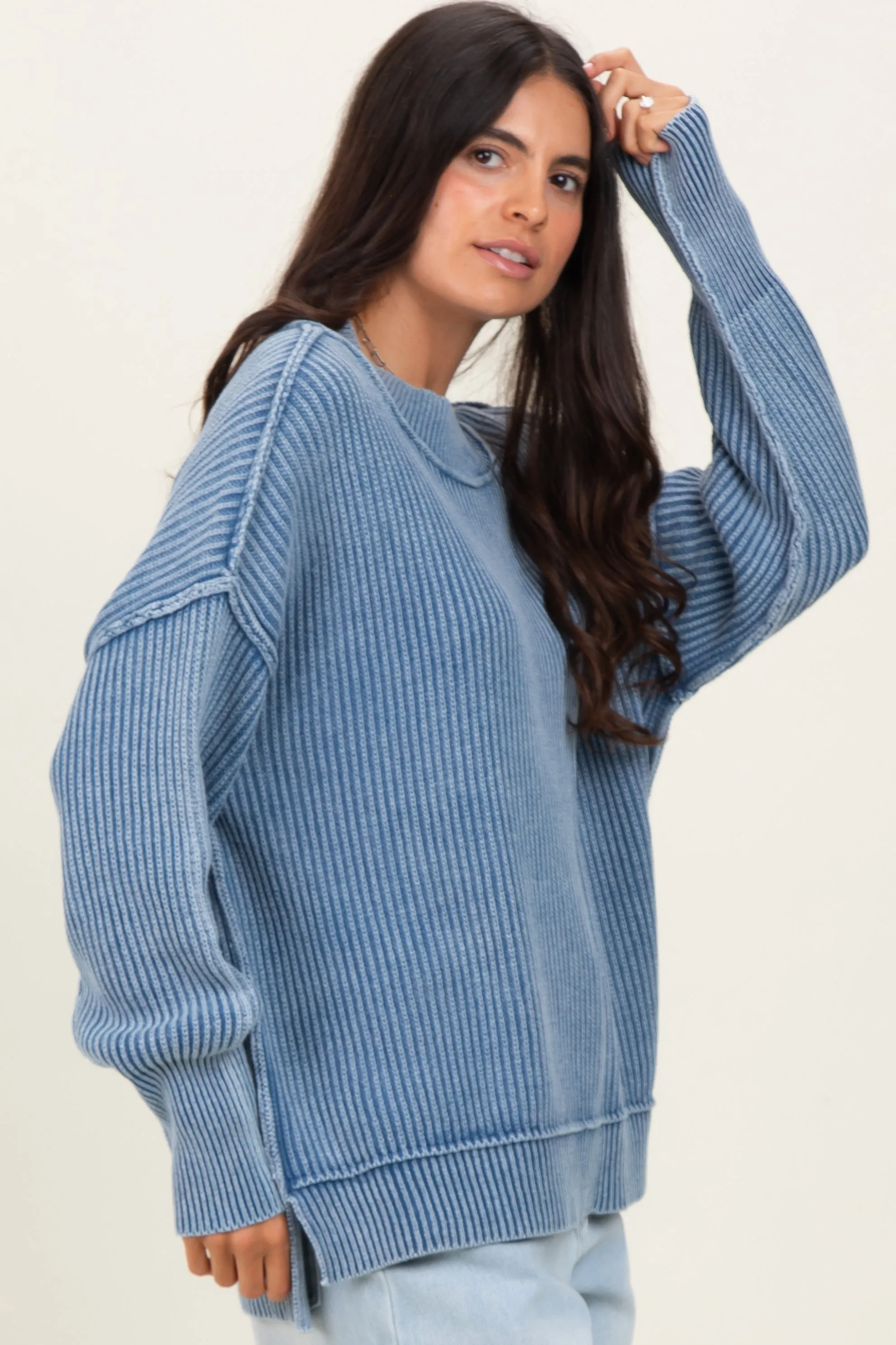 Classic Blue Washed Side Slit Oversized Sweater sold by Pinkblush product image thumbnail 2