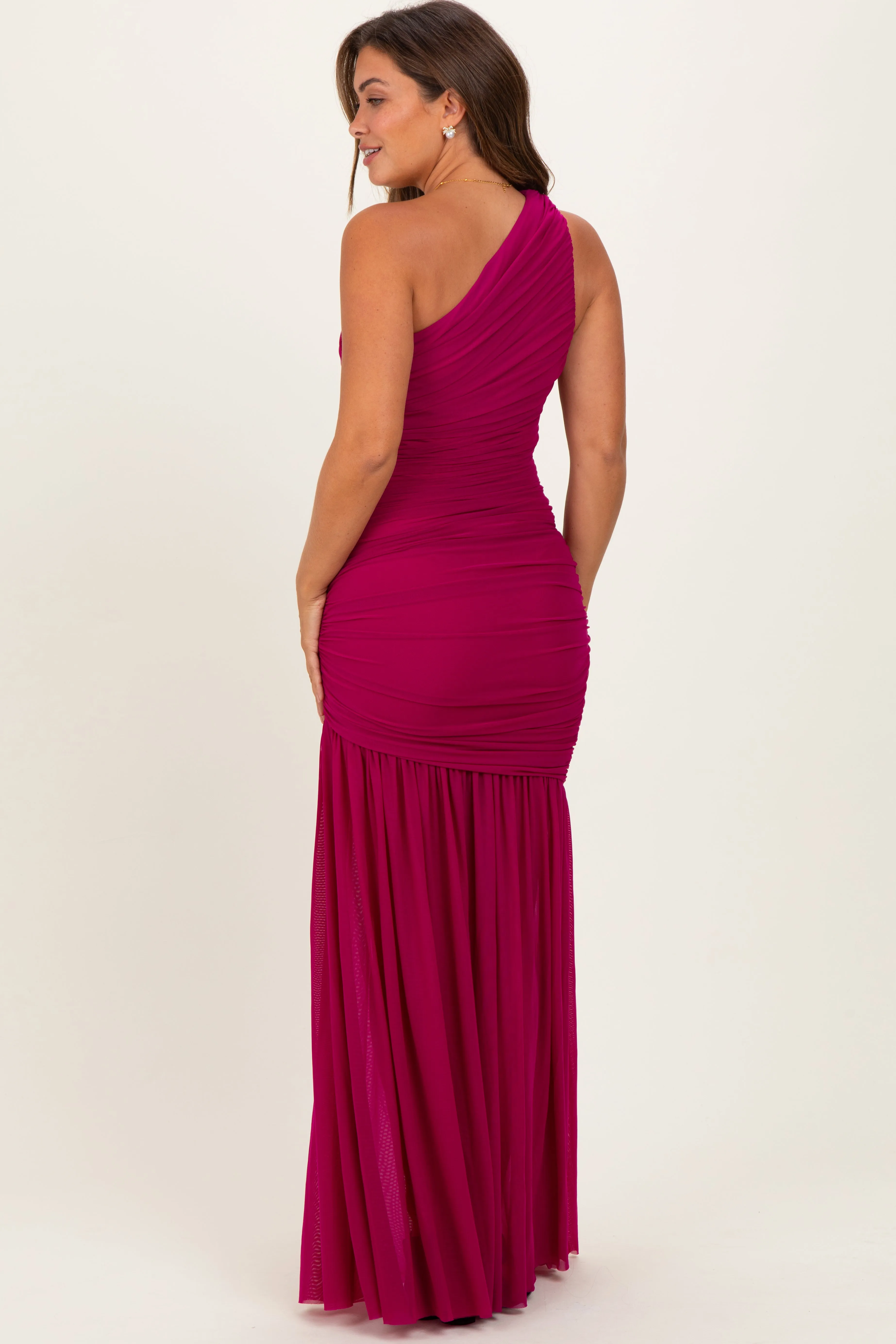 Deep Magenta Ruched Mesh One Shoulder Maternity Maxi Dress sold by Pinkblush product image thumbnail 3