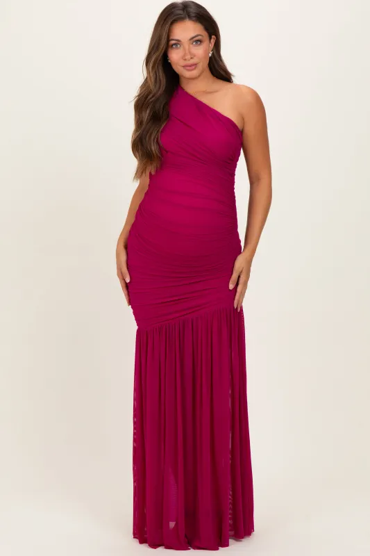 Deep Magenta Ruched Mesh One Shoulder Maternity Maxi Dress sold by Pinkblush