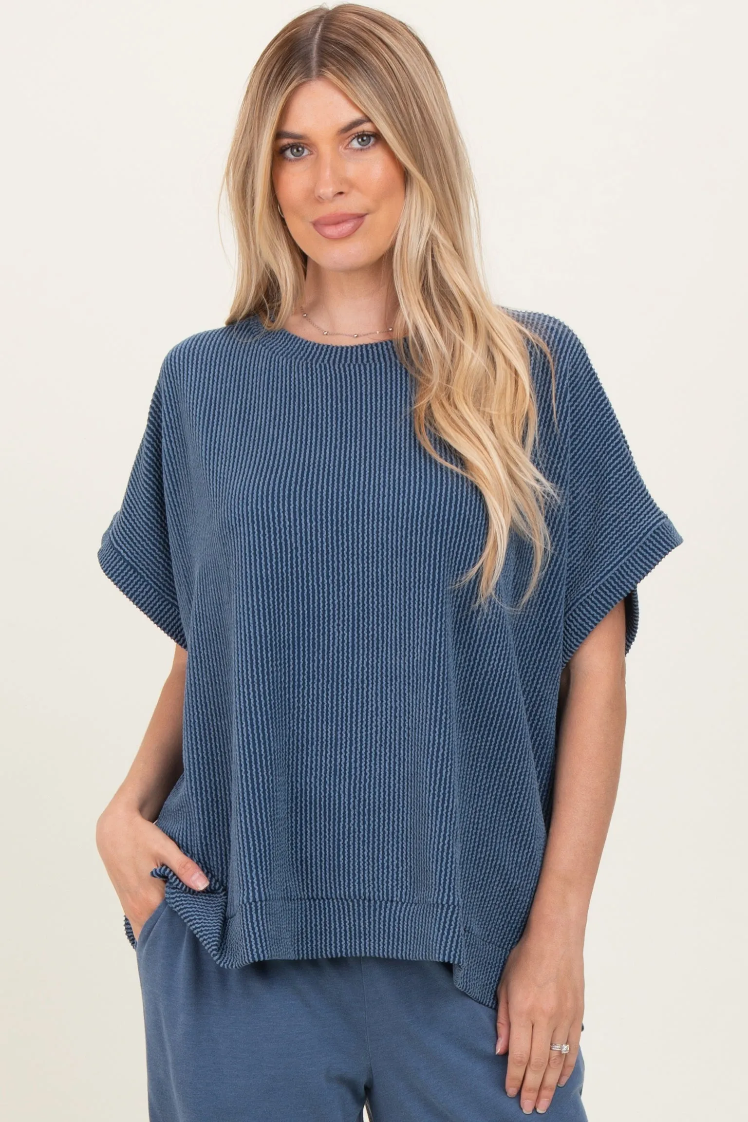 Blue Solid Ribbed Short Sleeve Oversized Maternity Tunic Top sold by Pinkblush product image thumbnail 3