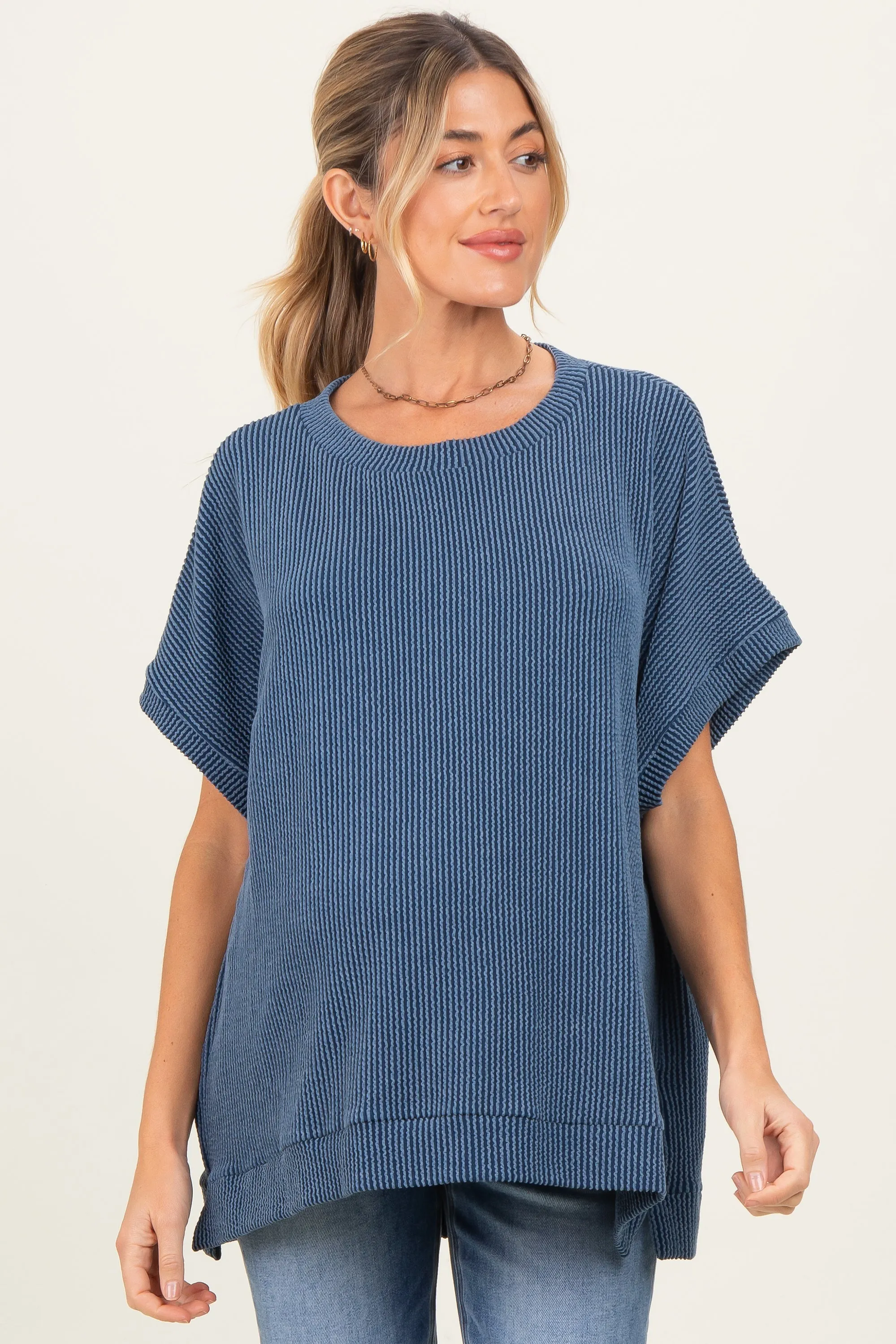 Blue Solid Ribbed Short Sleeve Oversized Maternity Tunic Top sold by Pinkblush