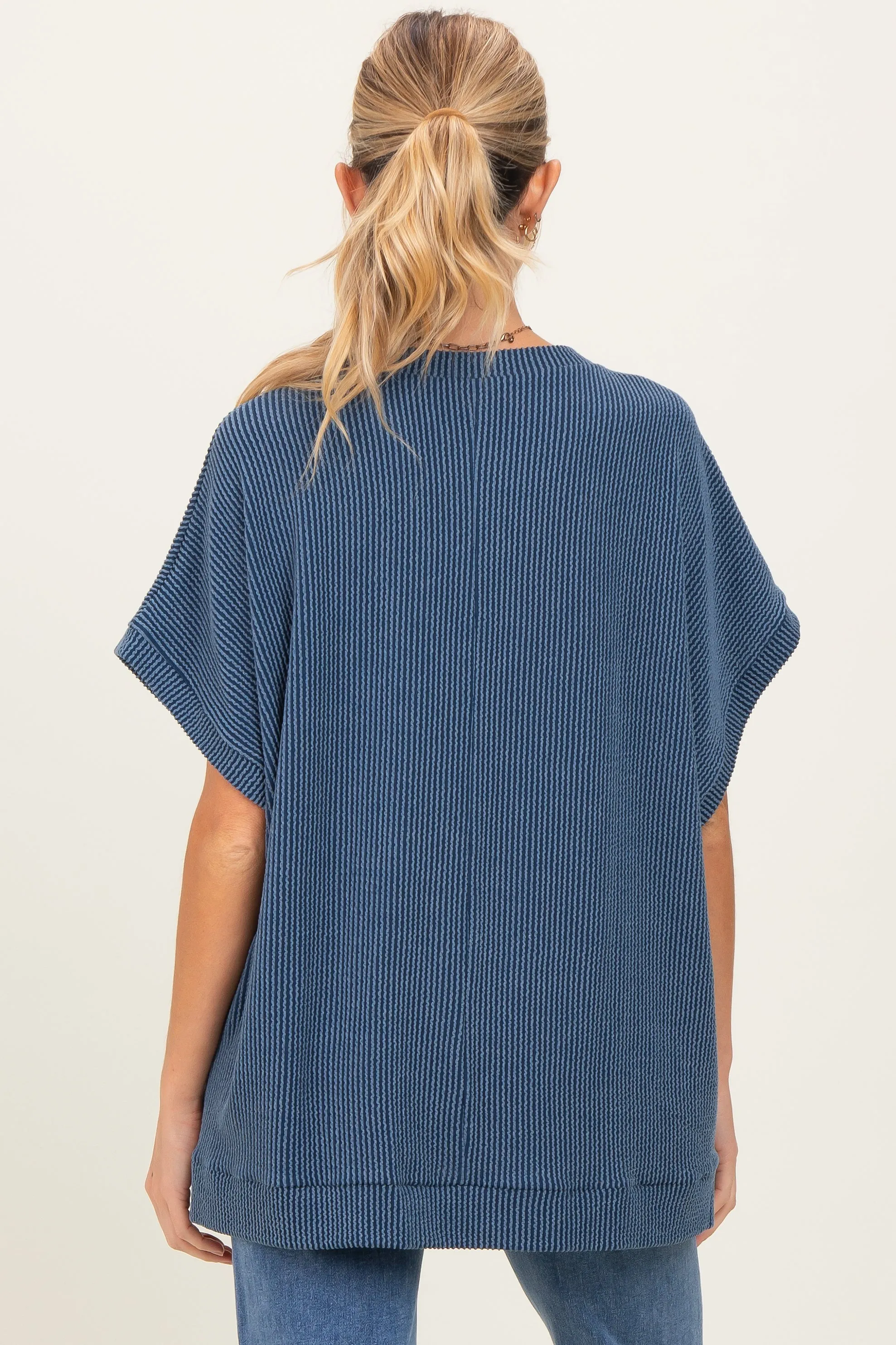 Blue Solid Ribbed Short Sleeve Oversized Maternity Tunic Top sold by Pinkblush product image thumbnail 2