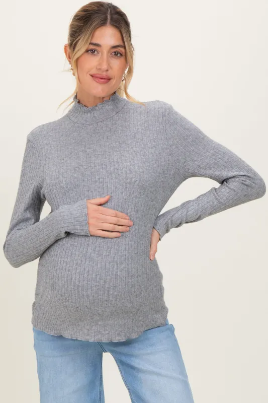 Heather Grey Ribbed Mock Neck Ruffle Hem Maternity Long Sleeve Top sold by Pinkblush