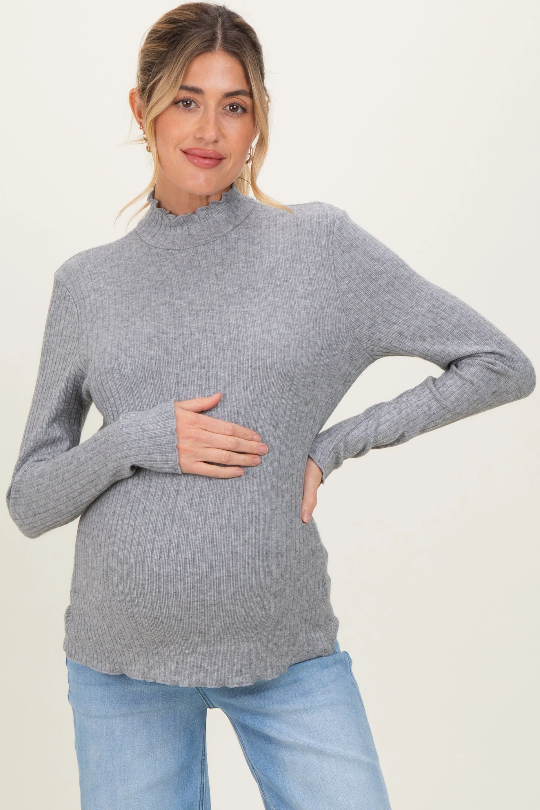 Heather Grey Ribbed Mock Neck Ruffle Hem Maternity Long Sleeve Top sold by Pinkblush