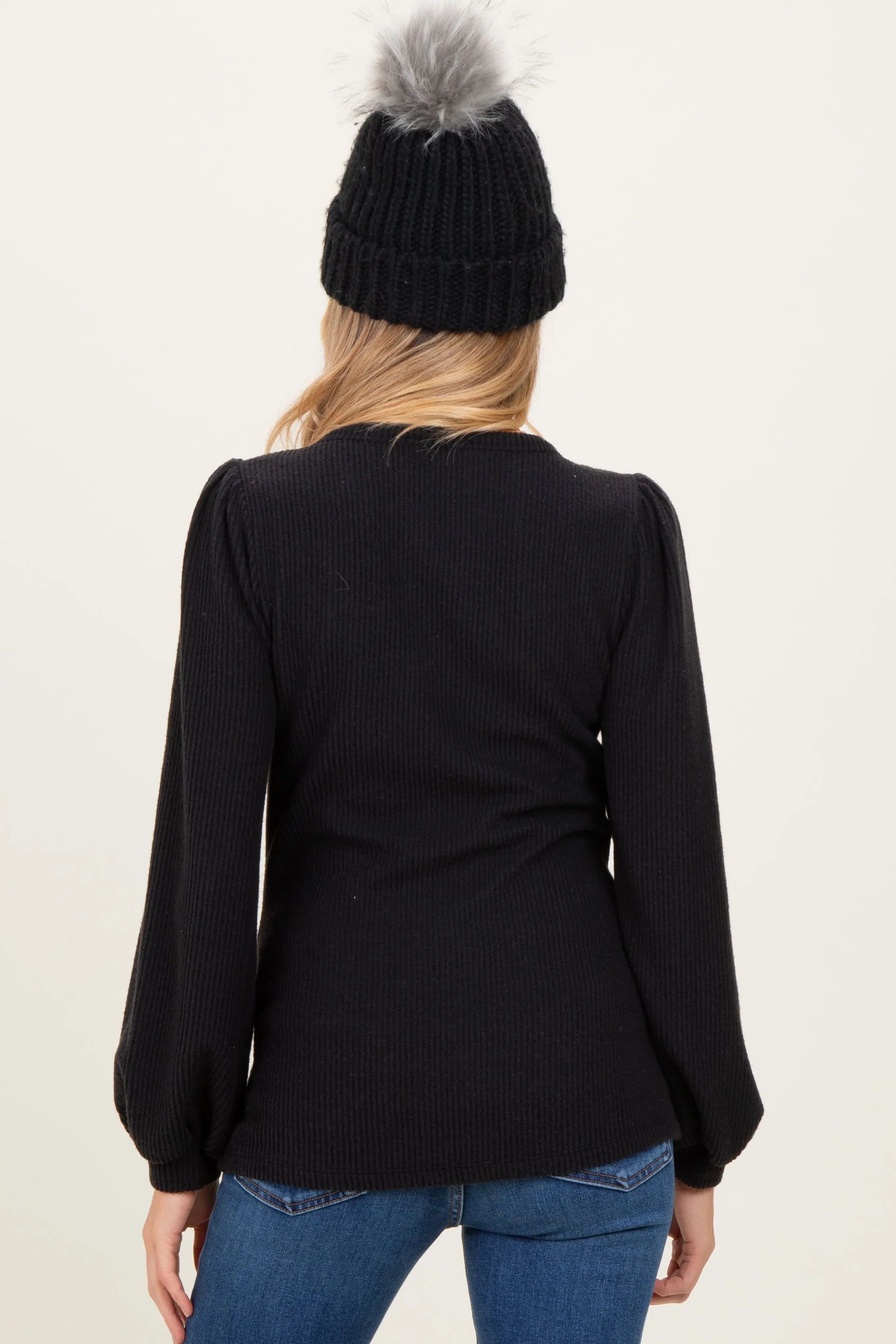 Black Solid Ribbed Long Sleeve V-Neck Maternity Tunic Top sold by Pinkblush product image thumbnail 3