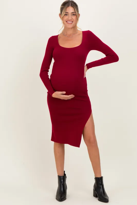 Burgundy Knit Square Neck Slit Maternity Midi Dress sold by Pinkblush