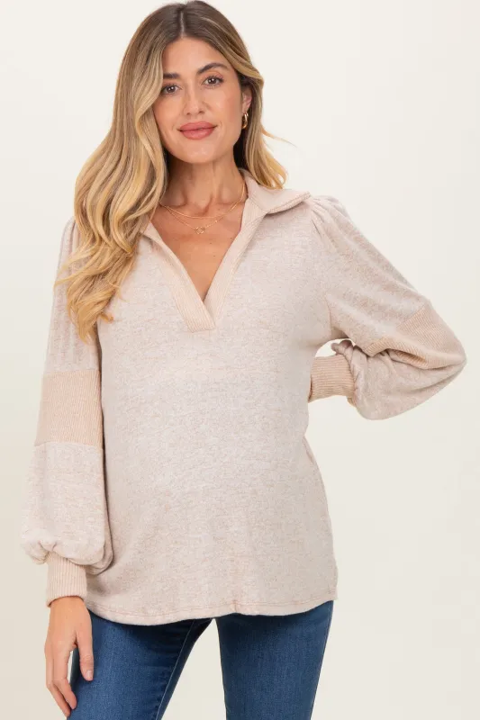 Beige Brushed Colorblock Long Sleeve Collared V-Neck Maternity Top sold by Pinkblush