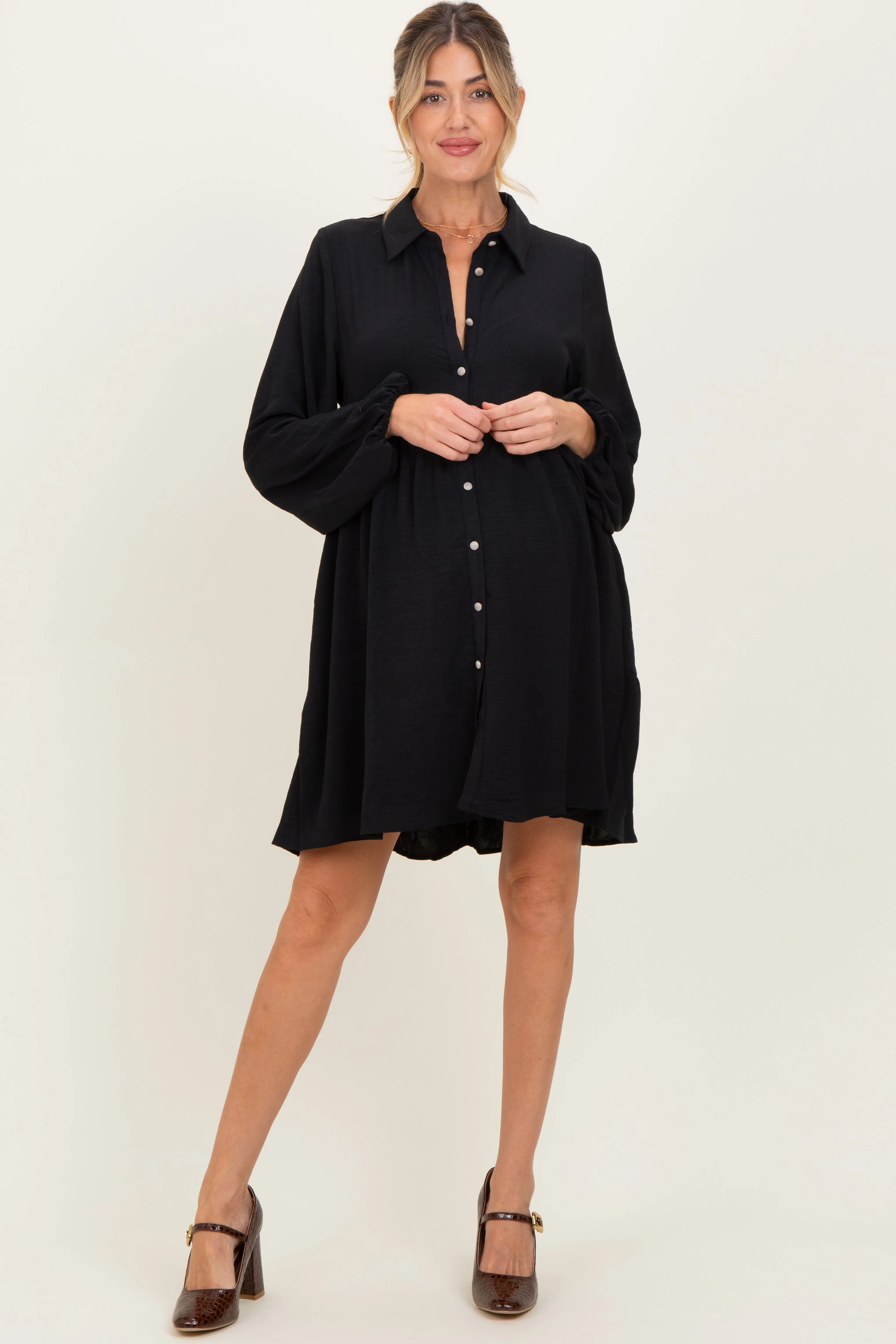 Black Tiered Back Detail Button Down Maternity Dress sold by Pinkblush product image thumbnail 2