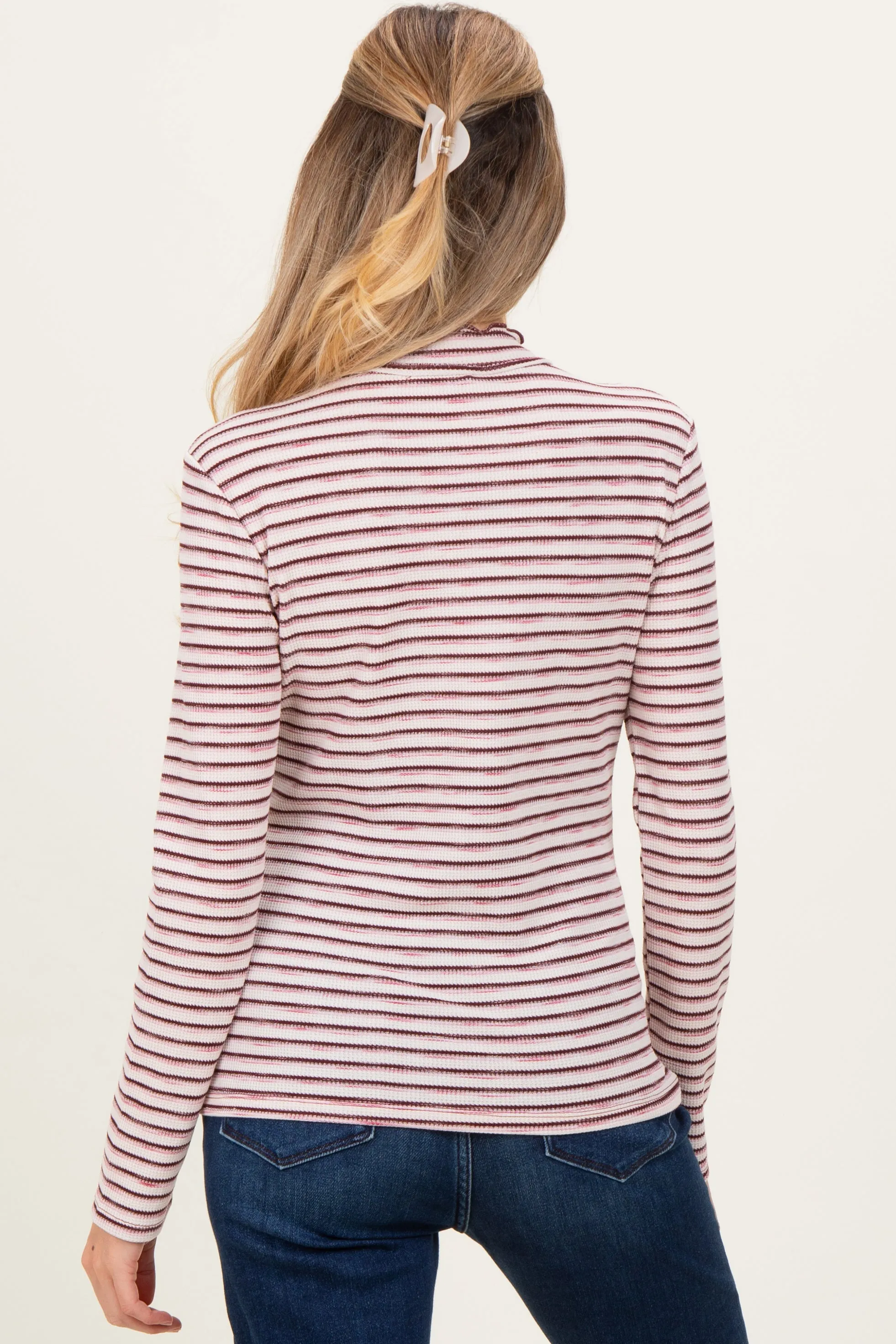 Burgundy Striped Ribbed Mock Neck Ruffle Hem Maternity Top sold by Pinkblush product image thumbnail 4