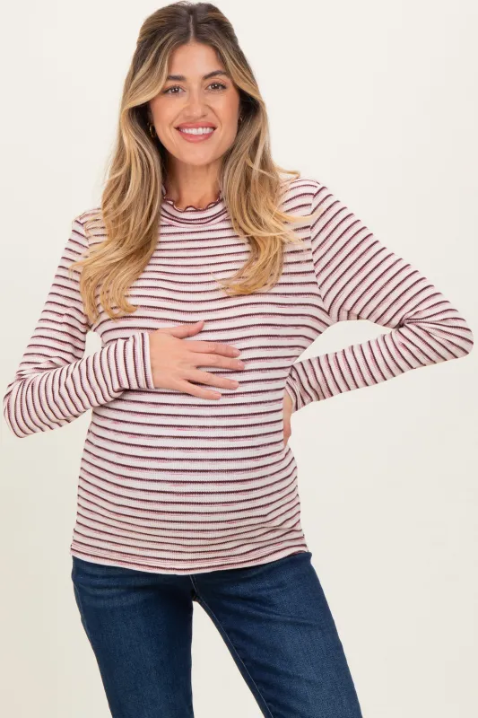 Burgundy Striped Ribbed Mock Neck Ruffle Hem Maternity Top sold by Pinkblush