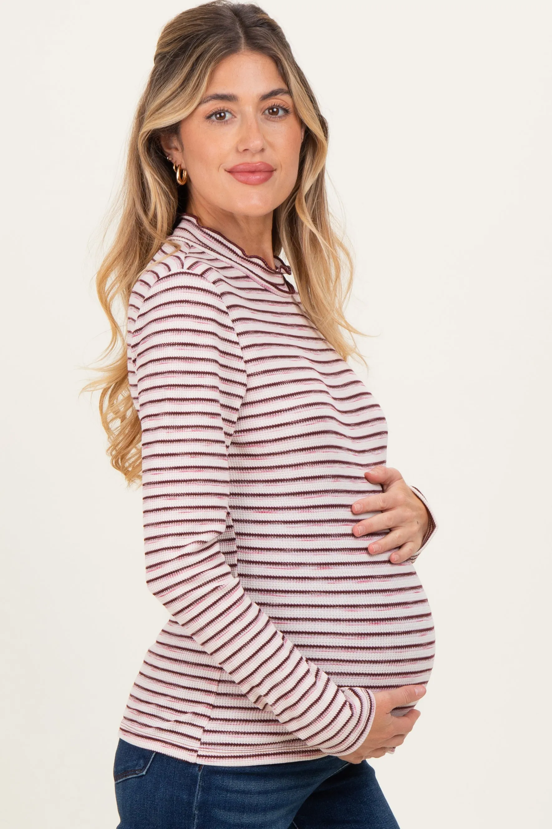 Burgundy Striped Ribbed Mock Neck Ruffle Hem Maternity Top sold by Pinkblush product image thumbnail 2