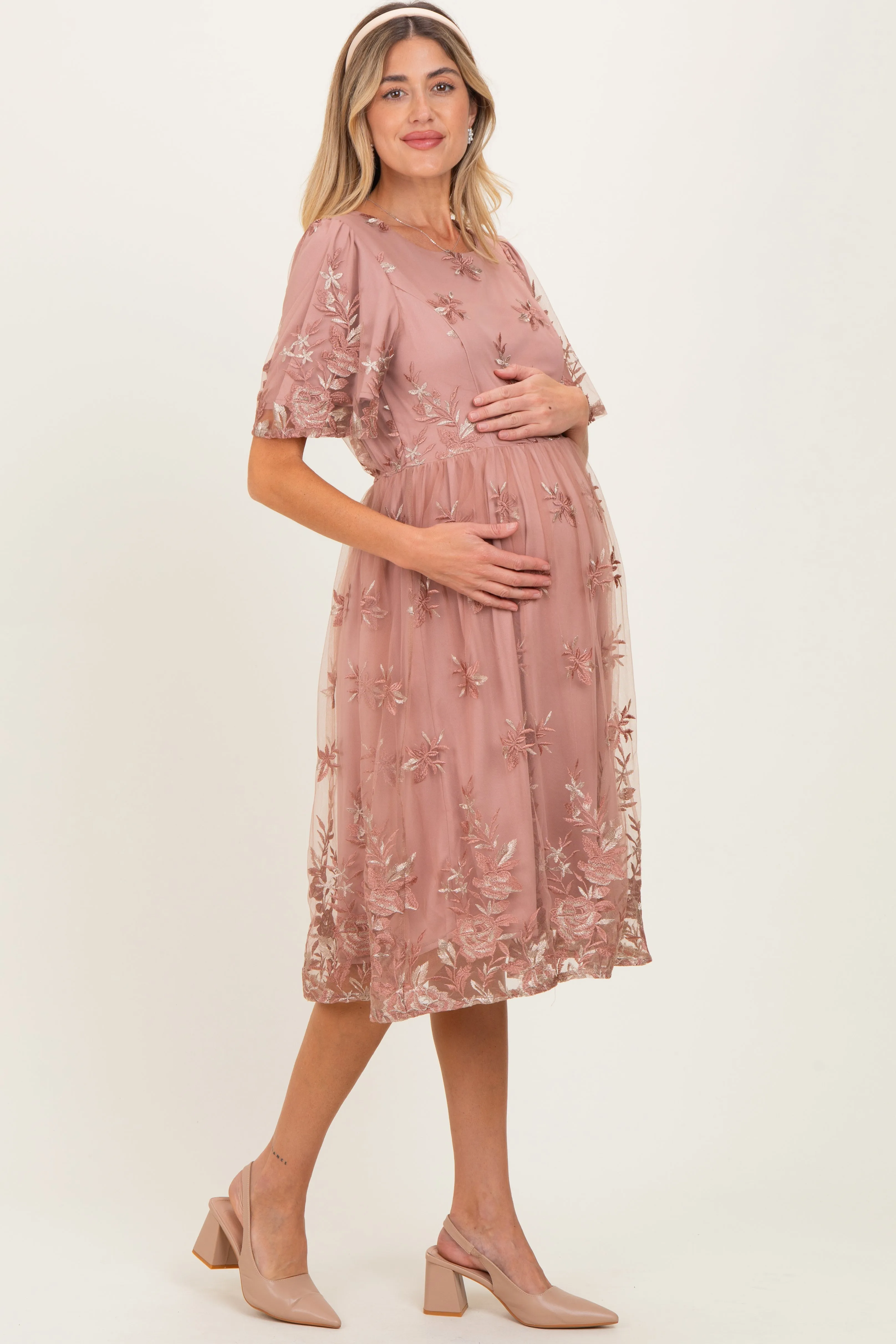 Light Pink Floral Embroidered Mesh Maternity Midi Dress sold by Pinkblush product image thumbnail 3