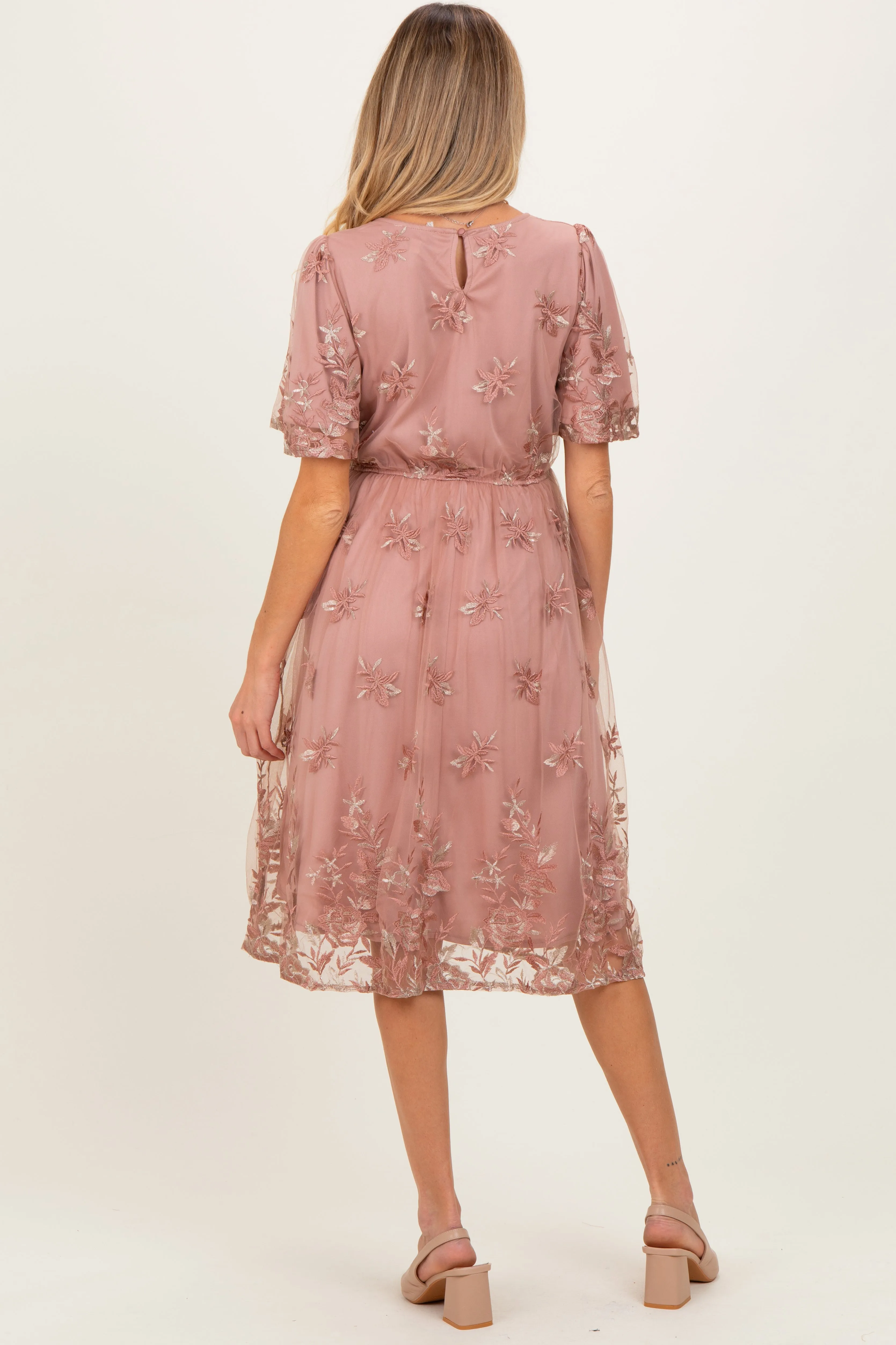Light Pink Floral Embroidered Mesh Maternity Midi Dress sold by Pinkblush product image thumbnail 4