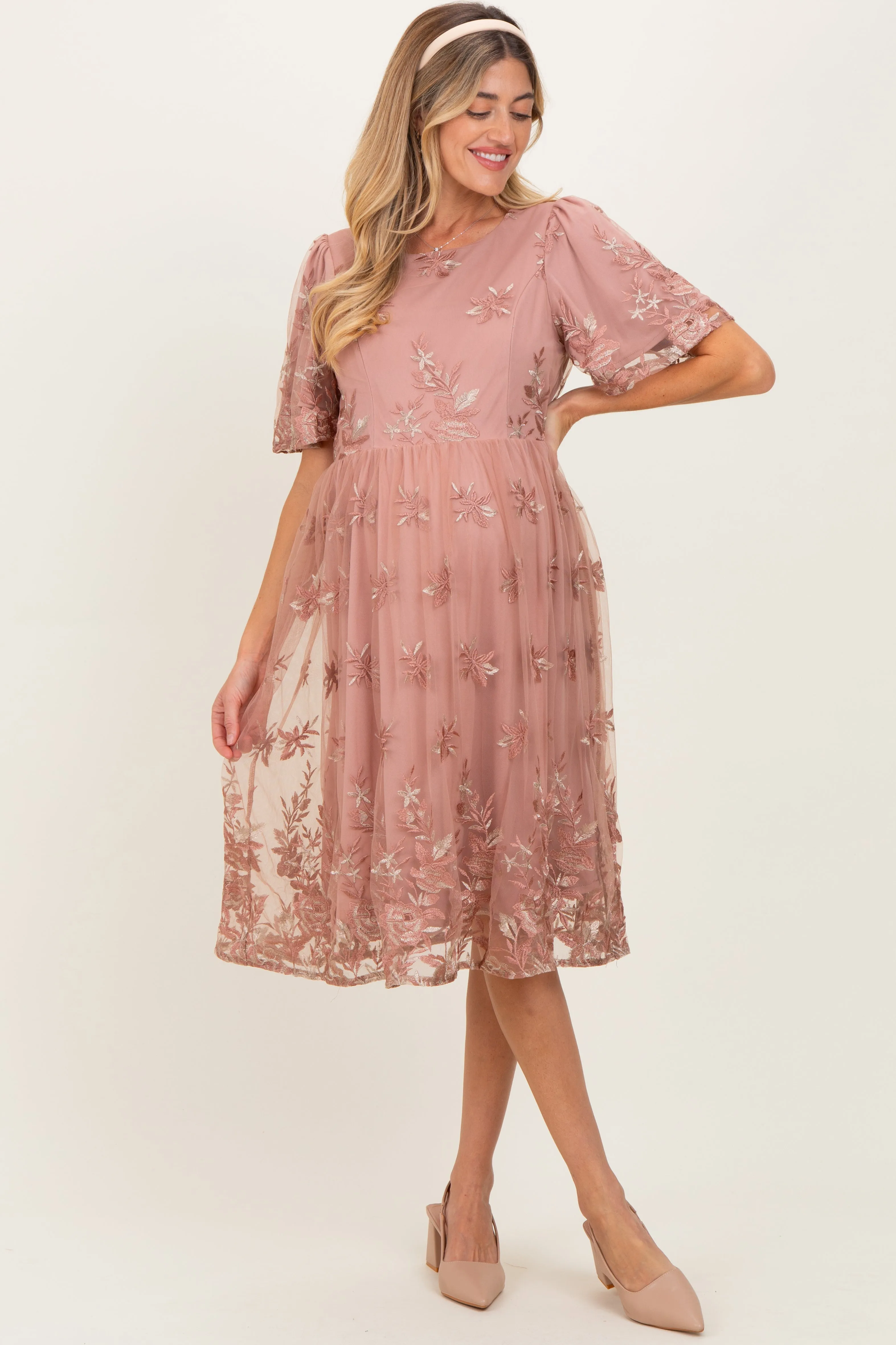 Light Pink Floral Embroidered Mesh Maternity Midi Dress sold by Pinkblush