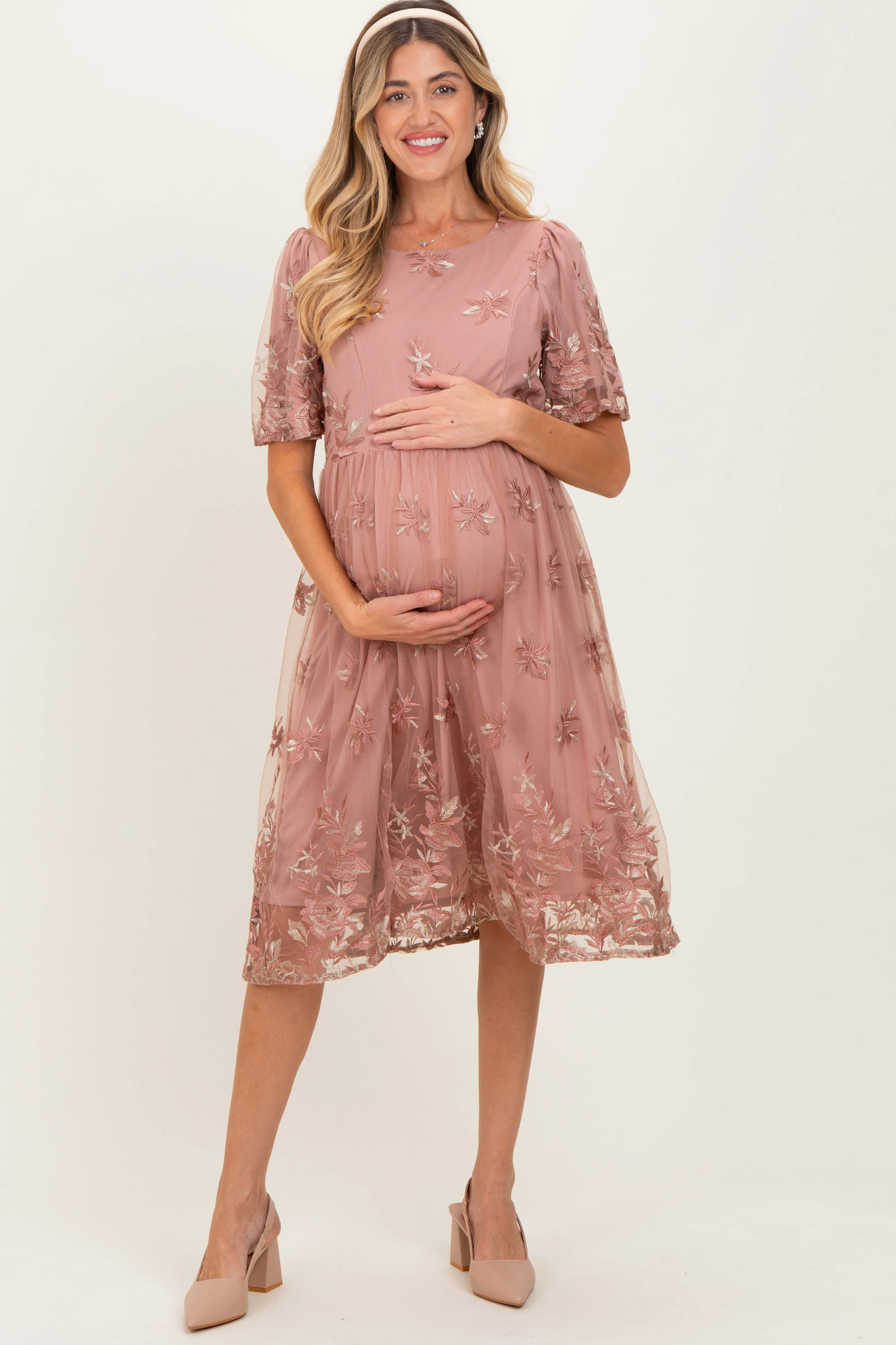 Light Pink Floral Embroidered Mesh Maternity Midi Dress sold by Pinkblush product image thumbnail 2