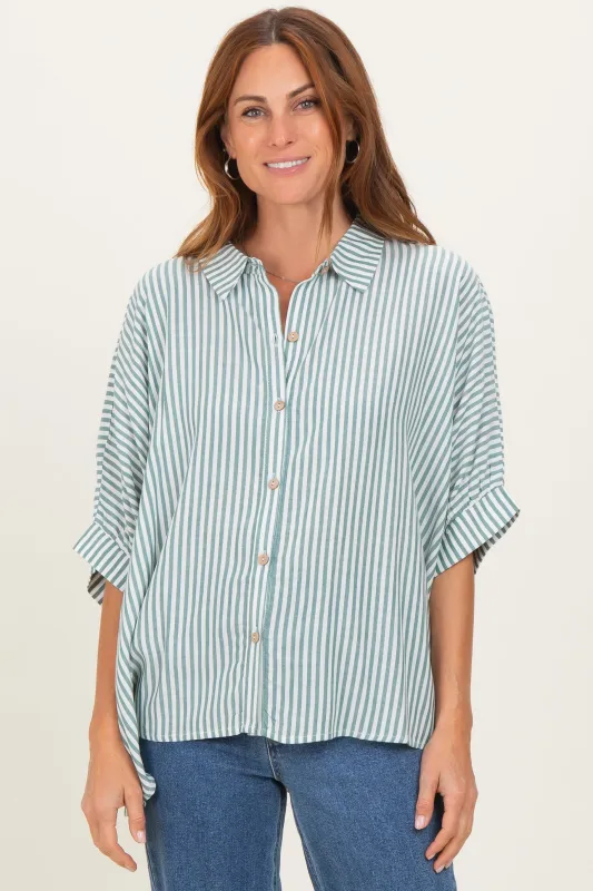 Forest Green Striped Button Up Dolman Top sold by Pinkblush
