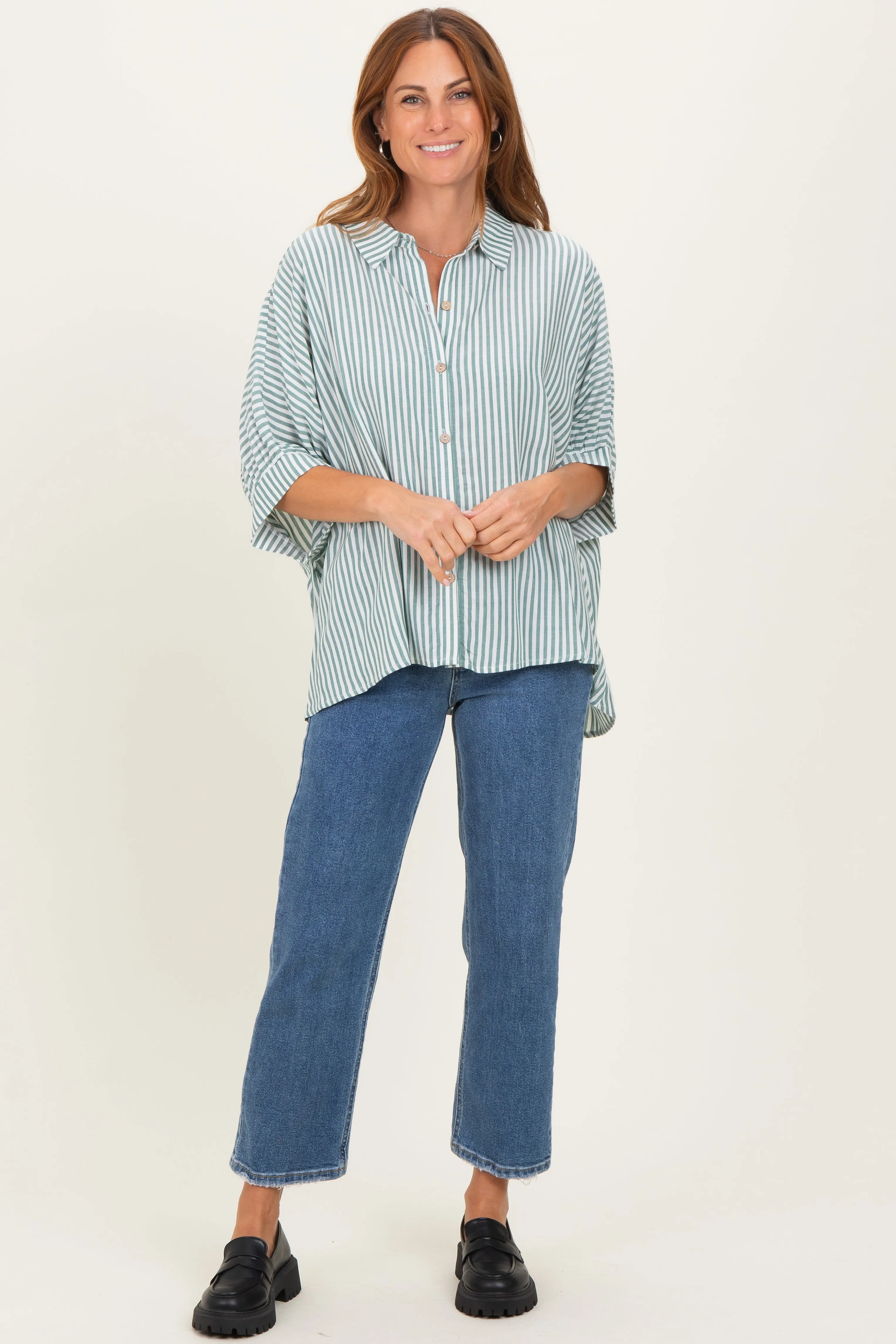 Forest Green Striped Button Up Dolman Top sold by Pinkblush product image thumbnail 2