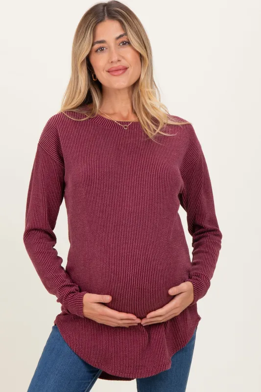 Burgundy Solid Ribbed Long Sleeve Maternity Tunic Top sold by Pinkblush