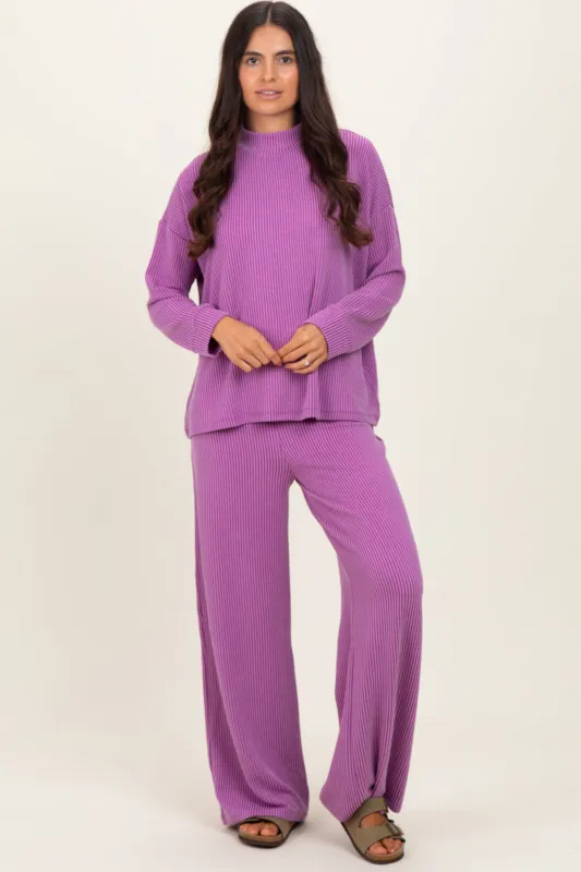 Lavender Textured Rib Mock Neck Long Sleeve Pants Set sold by Pinkblush