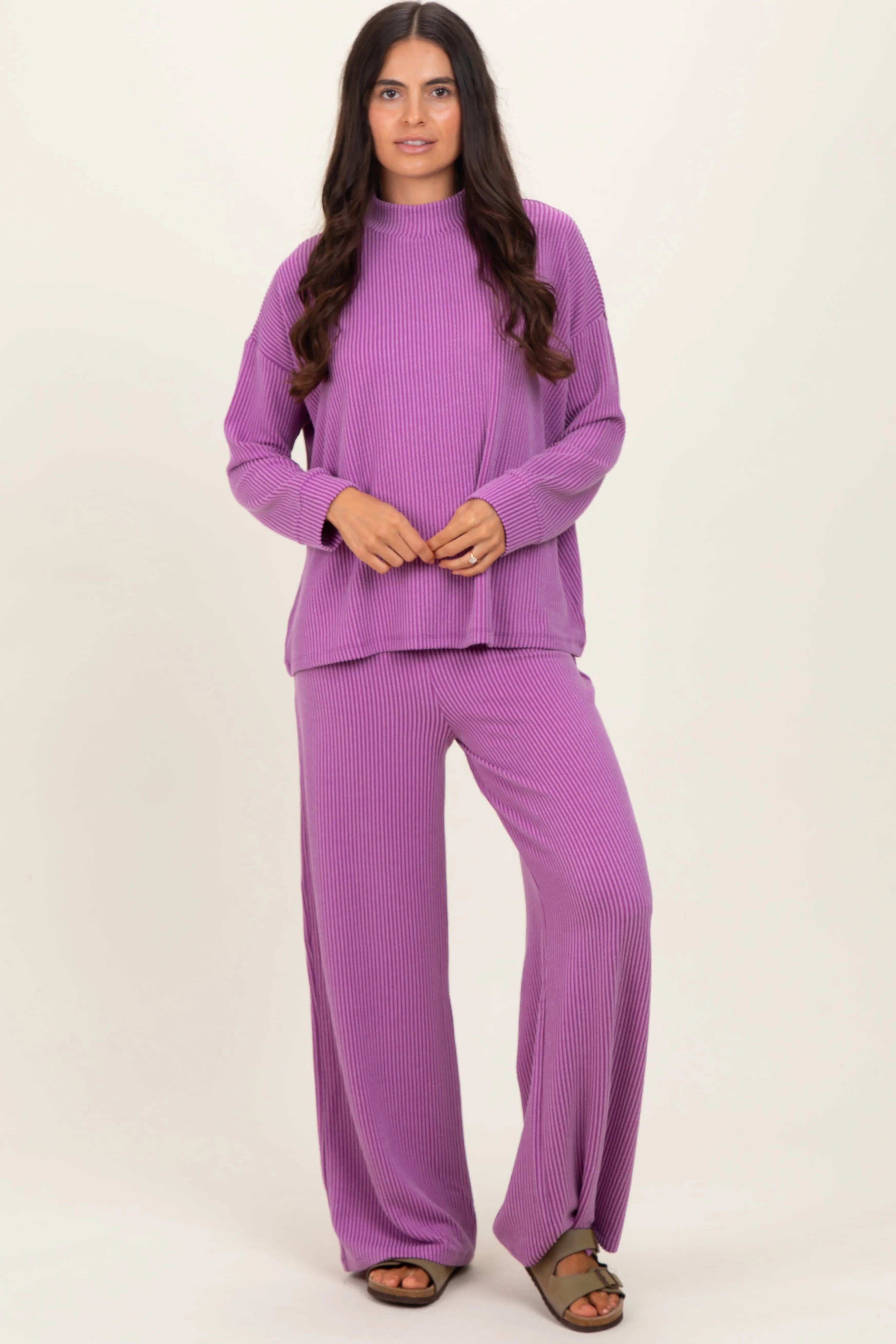Lavender Textured Rib Mock Neck Long Sleeve Pants Set sold by Pinkblush