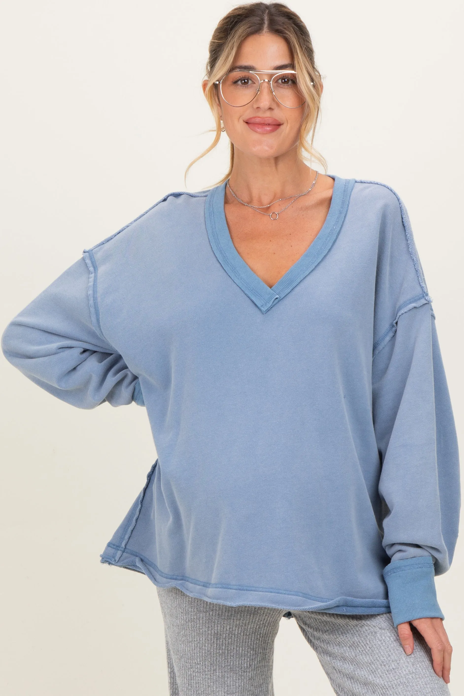 Blue Mineral Washed French Terry Oversized Maternity Sweatshirt sold by Pinkblush