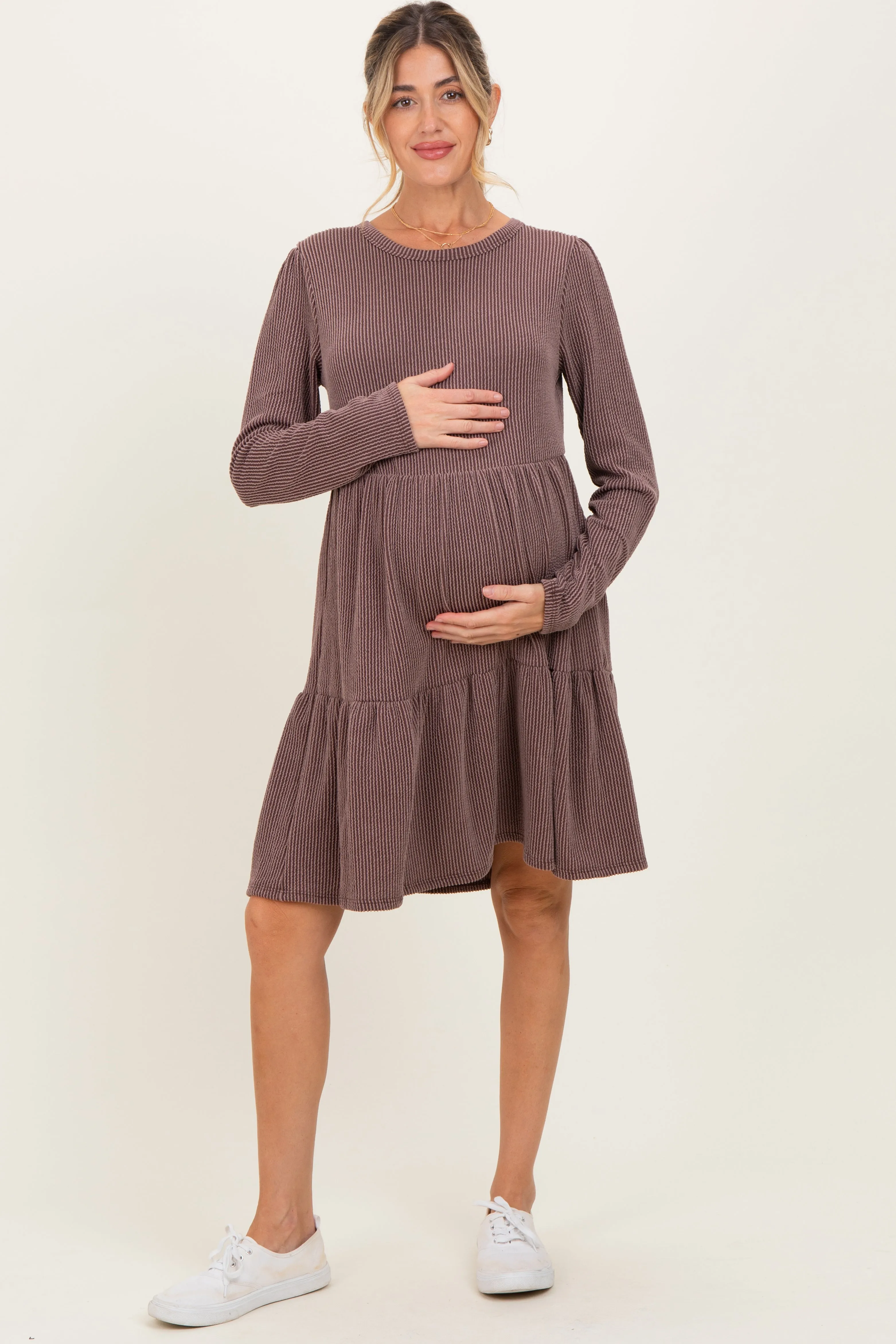 Brown Textured Rib Tiered Long Sleeve Maternity Dress sold by Pinkblush