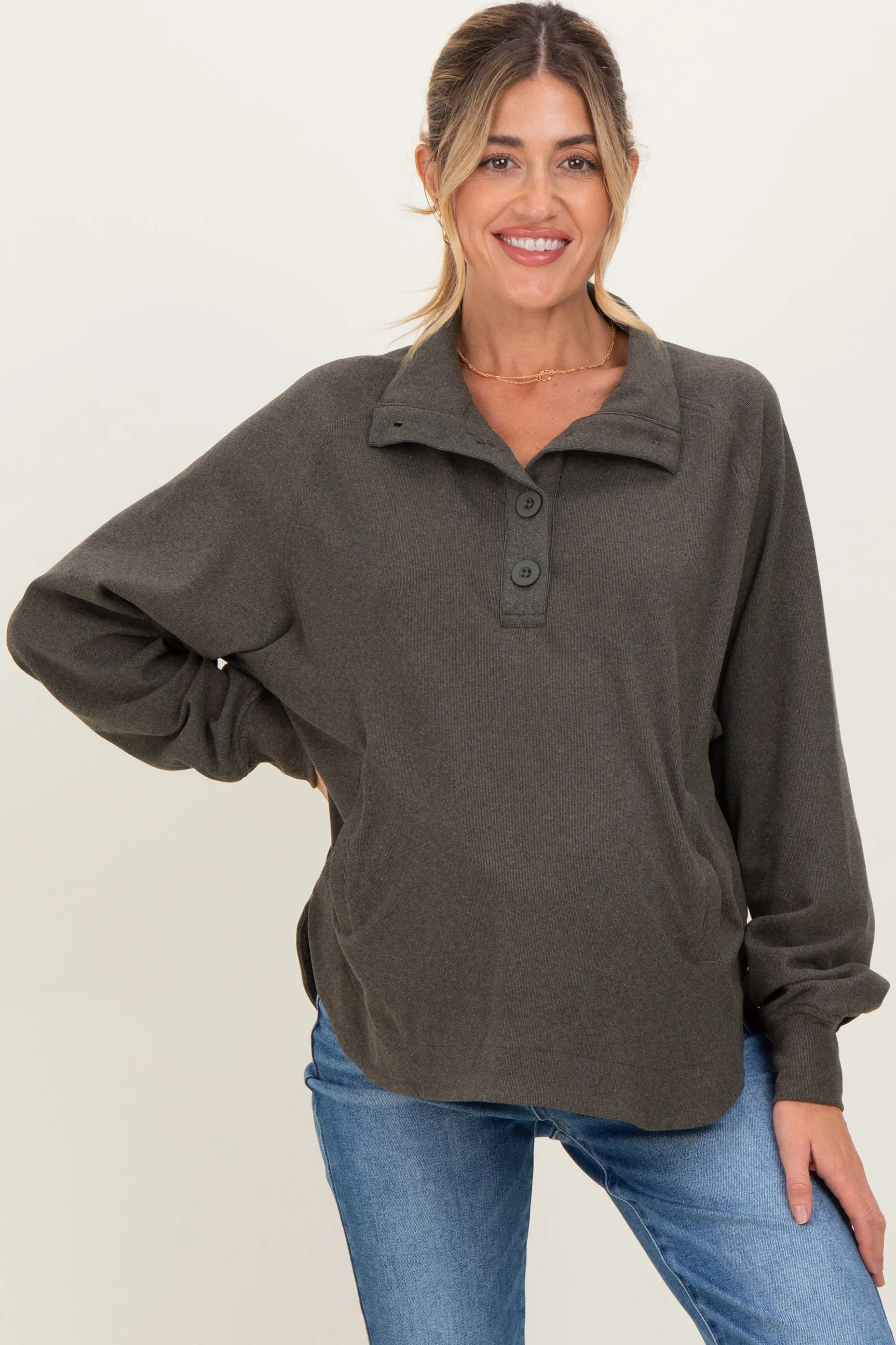 Forest Green Brushed Knit Button Collar Maternity Pullover sold by Pinkblush