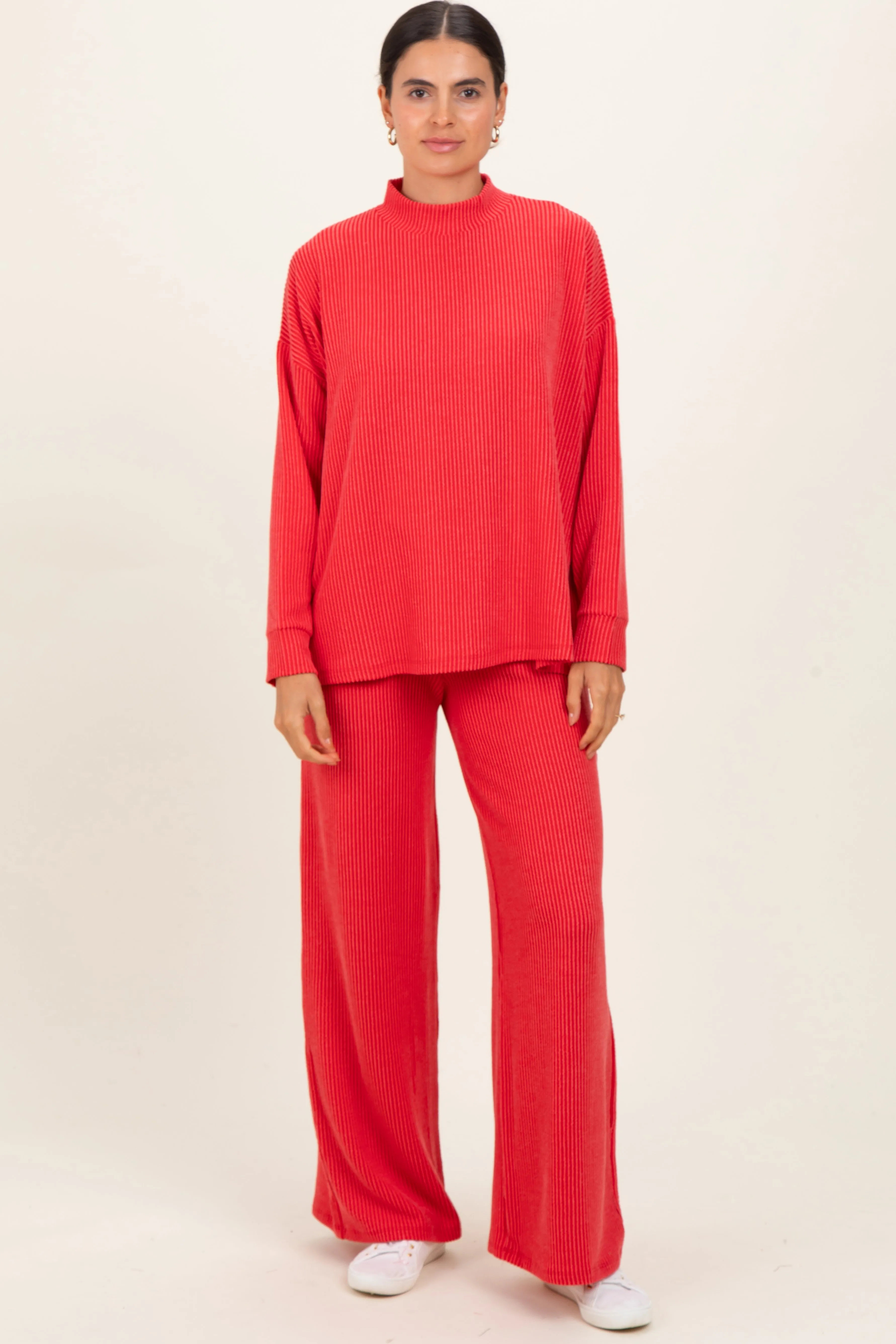 Red Textured Rib Mock Neck Long Sleeve Pants Set sold by Pinkblush product image thumbnail 2