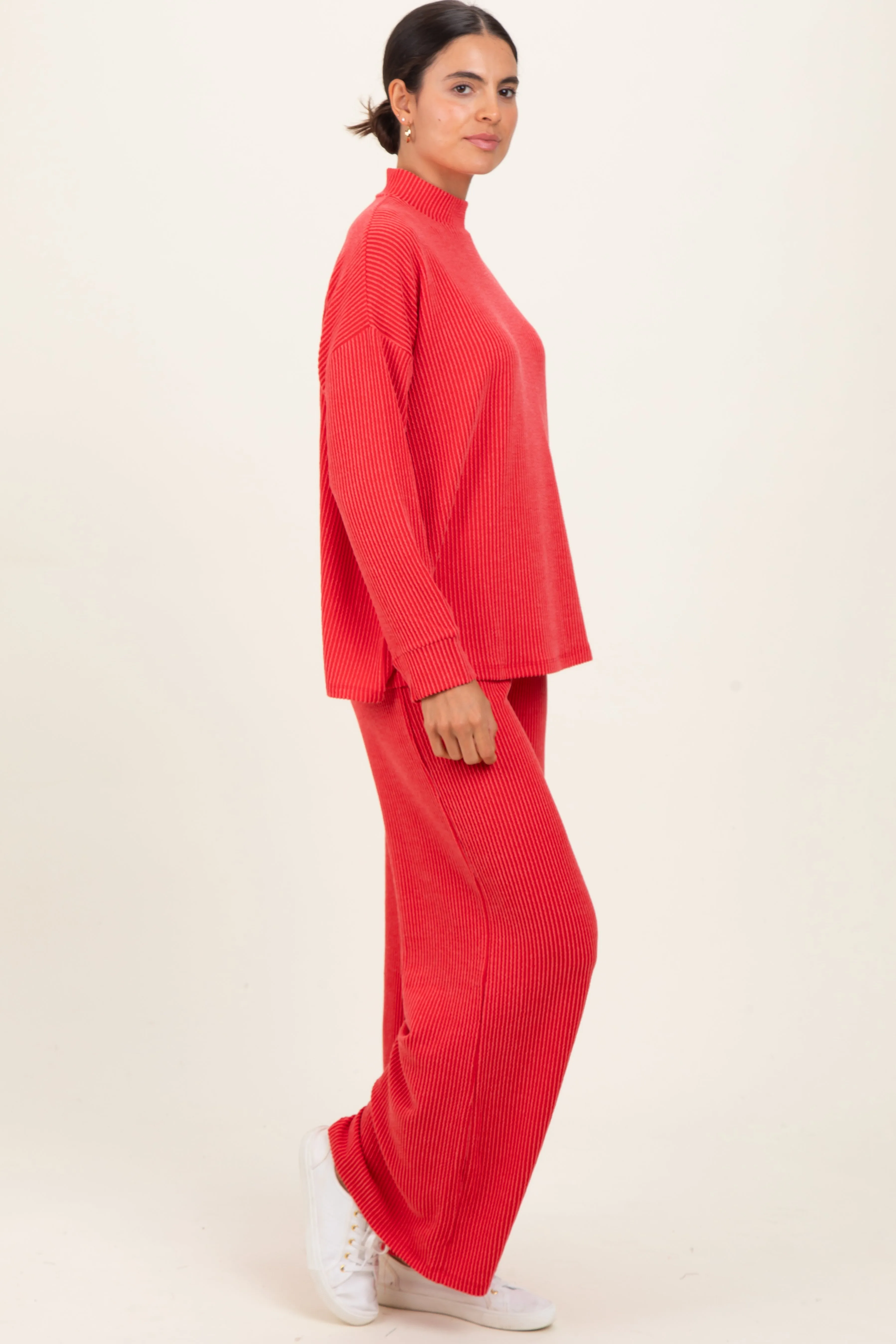 Red Textured Rib Mock Neck Long Sleeve Pants Set sold by Pinkblush product image thumbnail 3