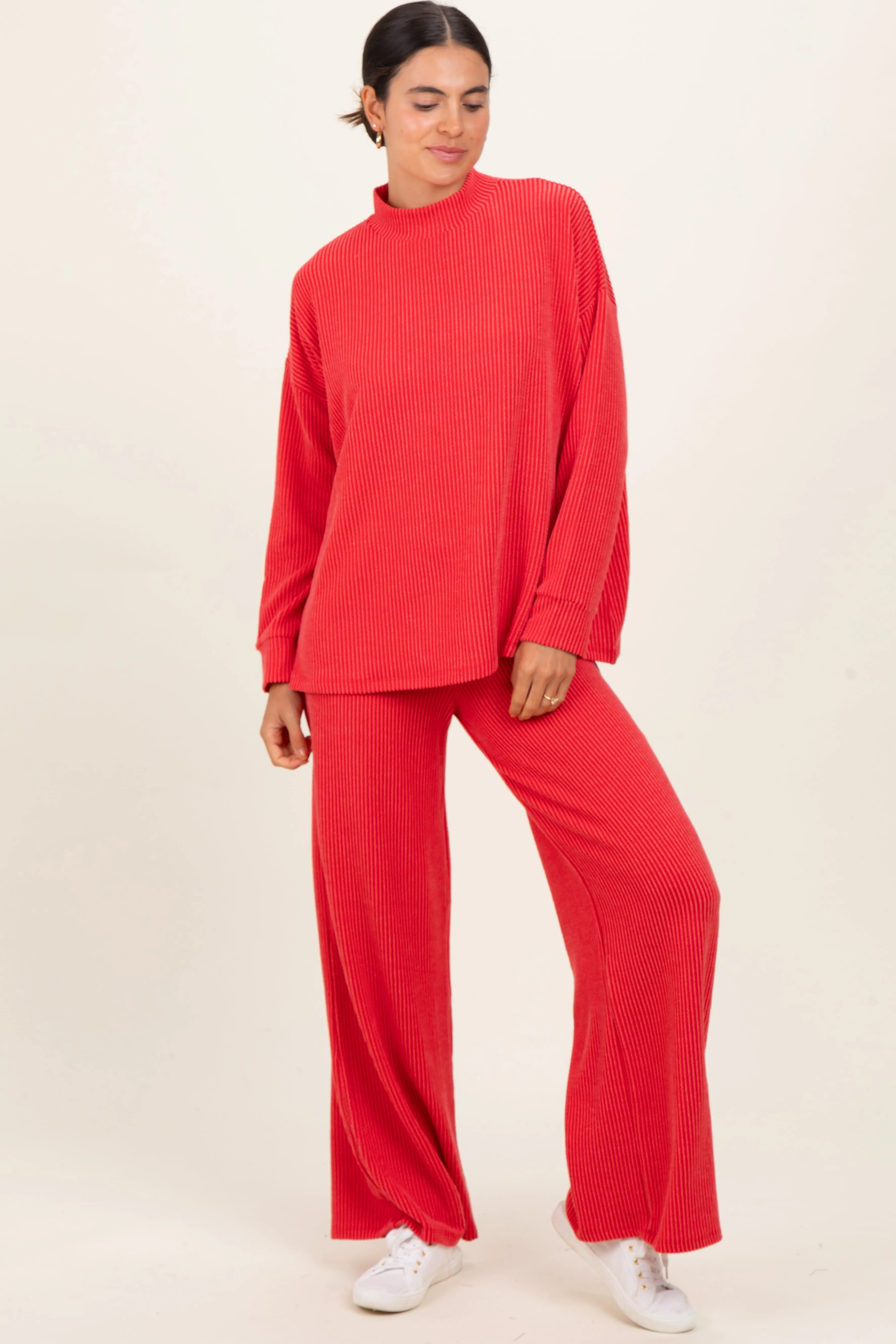 Red Textured Rib Mock Neck Long Sleeve Pants Set sold by Pinkblush