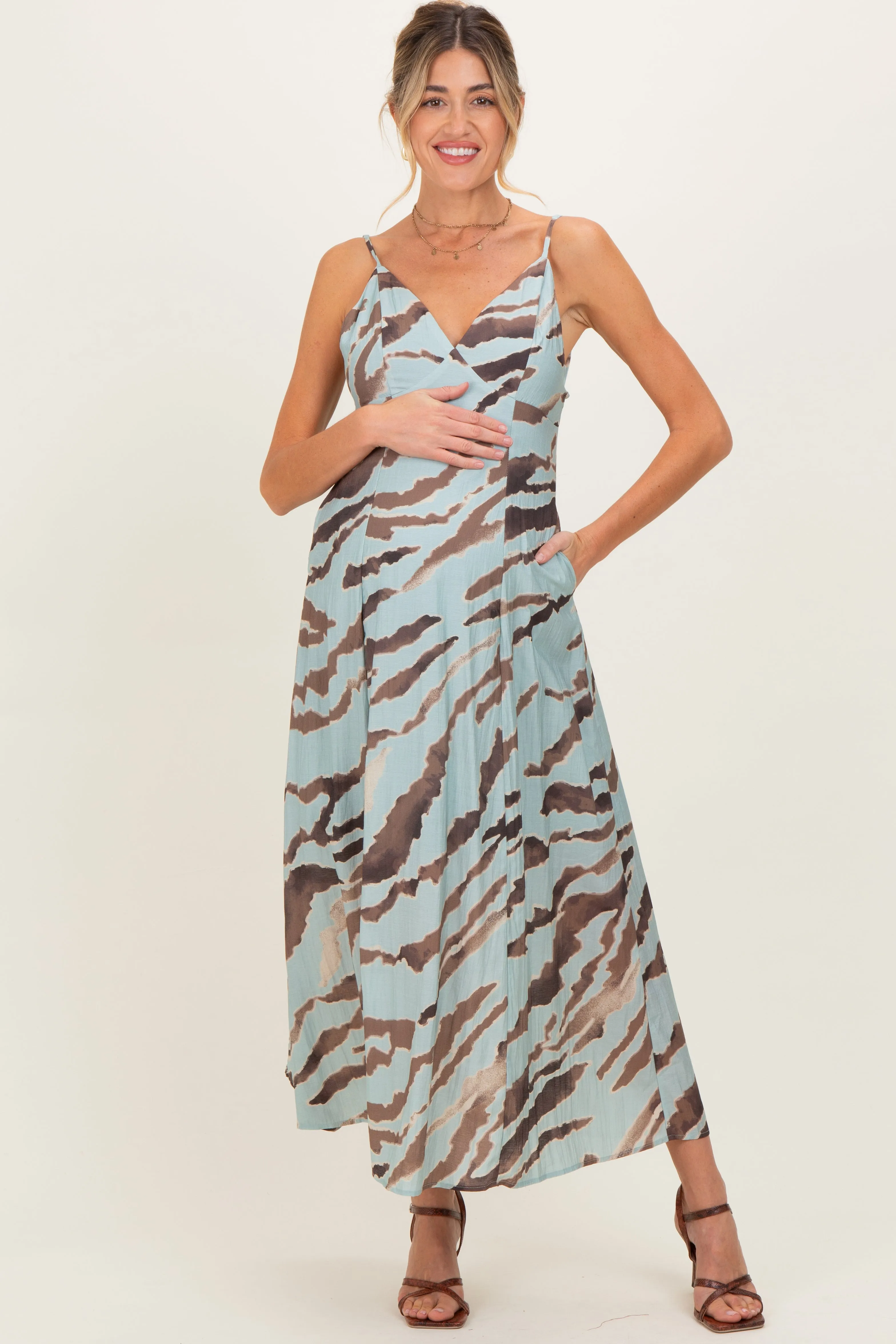 Light Blue Printed Open Tie Back Maternity Maxi Dress sold by Pinkblush