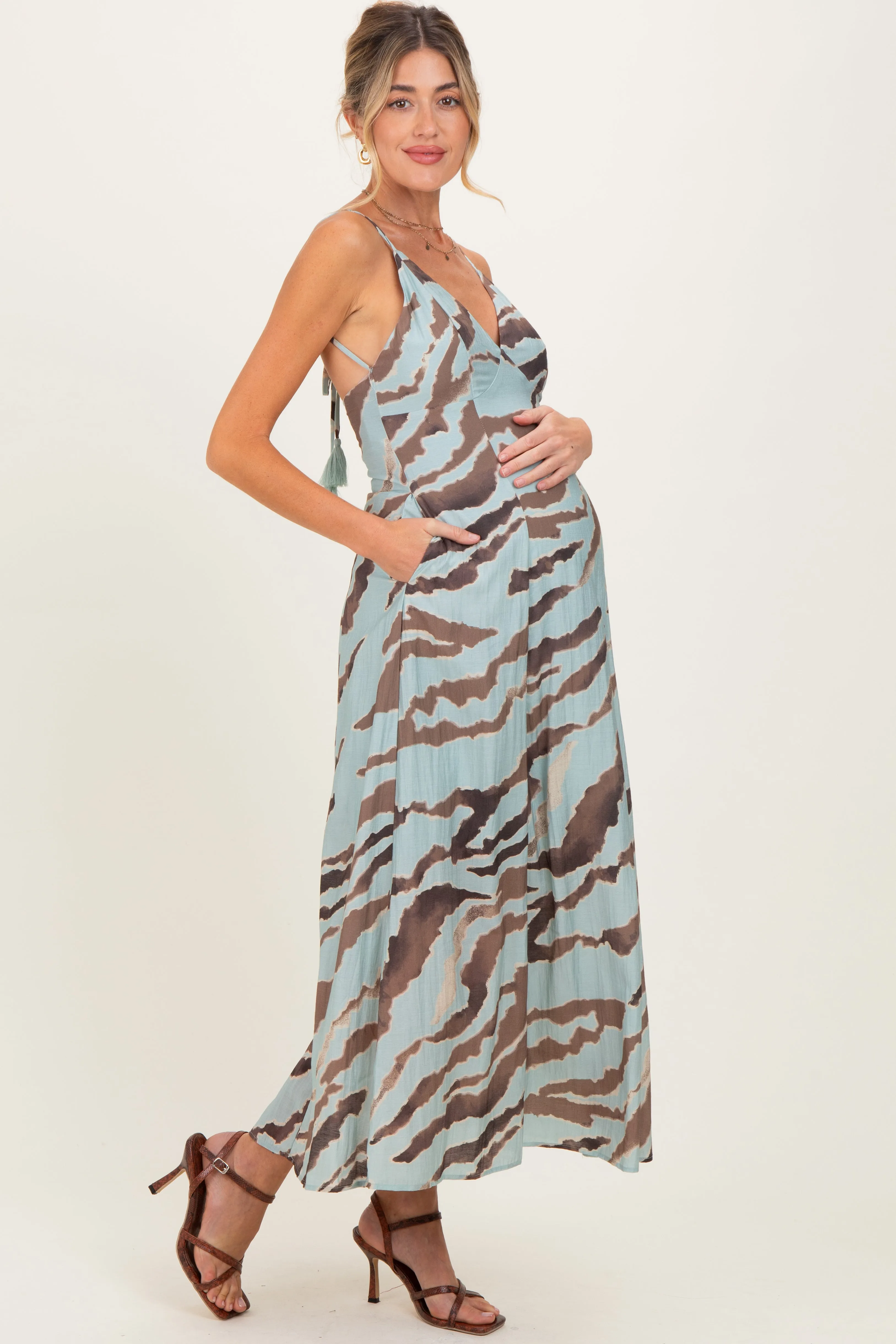 Light Blue Printed Open Tie Back Maternity Maxi Dress sold by Pinkblush product image thumbnail 3