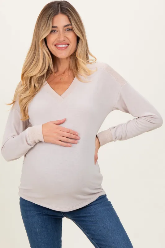 Cream V-Neck Knit Maternity Long Sleeve Top sold by Pinkblush